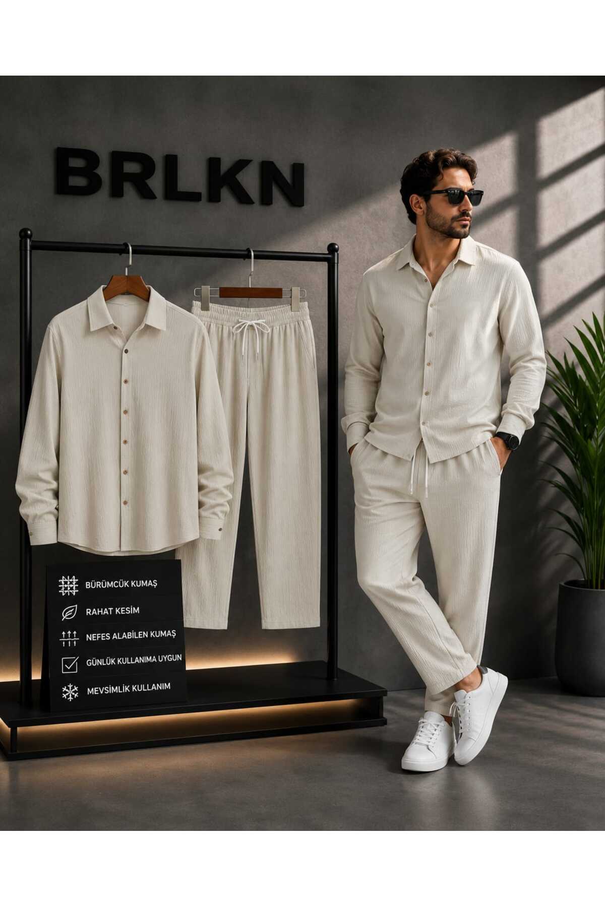 Boyfriend Fit Gofre Kumaş Alaçatı Unisex Bürümcük gömlek Eşofman Takımı — رنگارنگ BRLKNALAÇATI