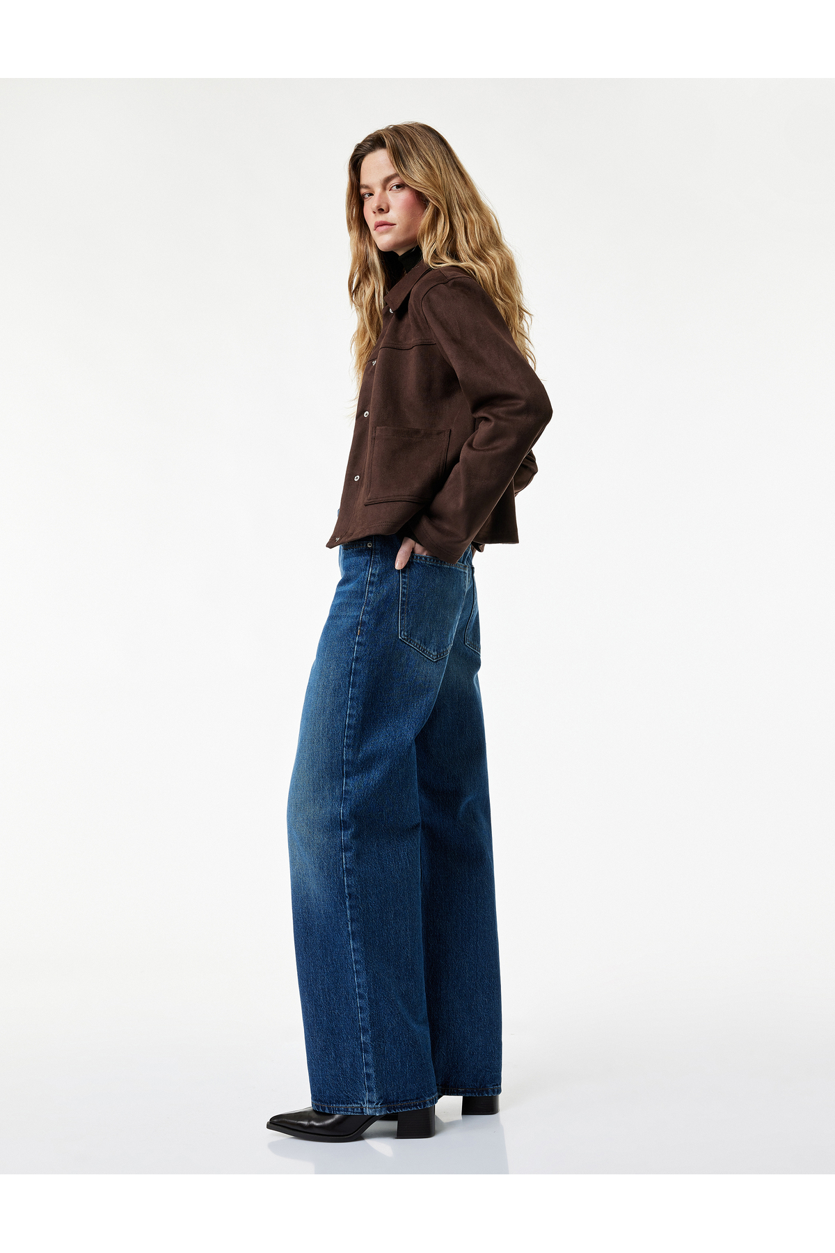 شلوار جین گشاد با دکمه و جیب از جنس پنبه - Baggy Jeans