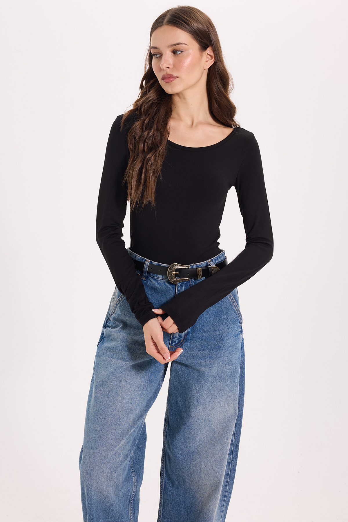 Tudors Kadın Slim Fit Dar Kesim Uzun Kollu Viskon Siyah Bluz görsel 7