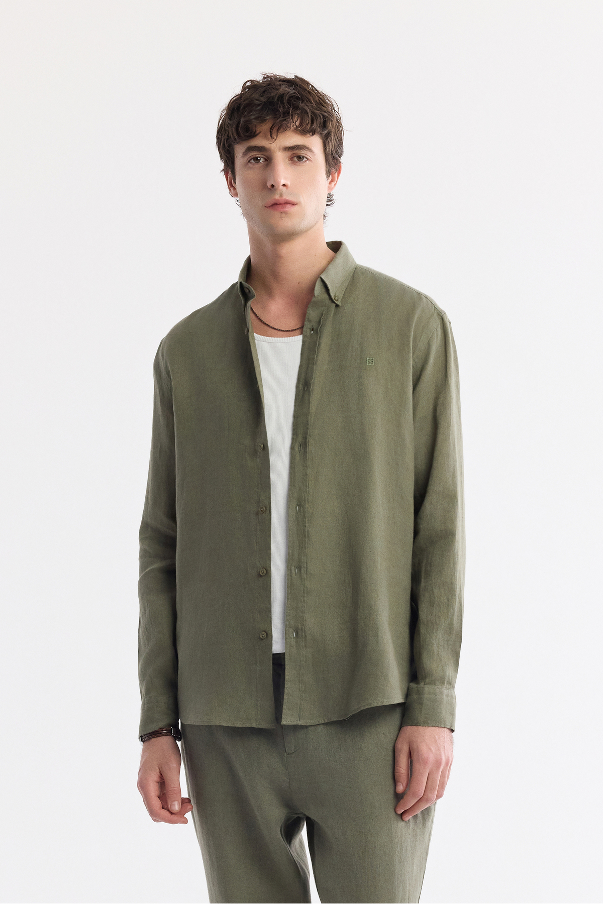 Men's Khaki Buttoned Neck 100% Linen Comfort Fit Shirt B002191