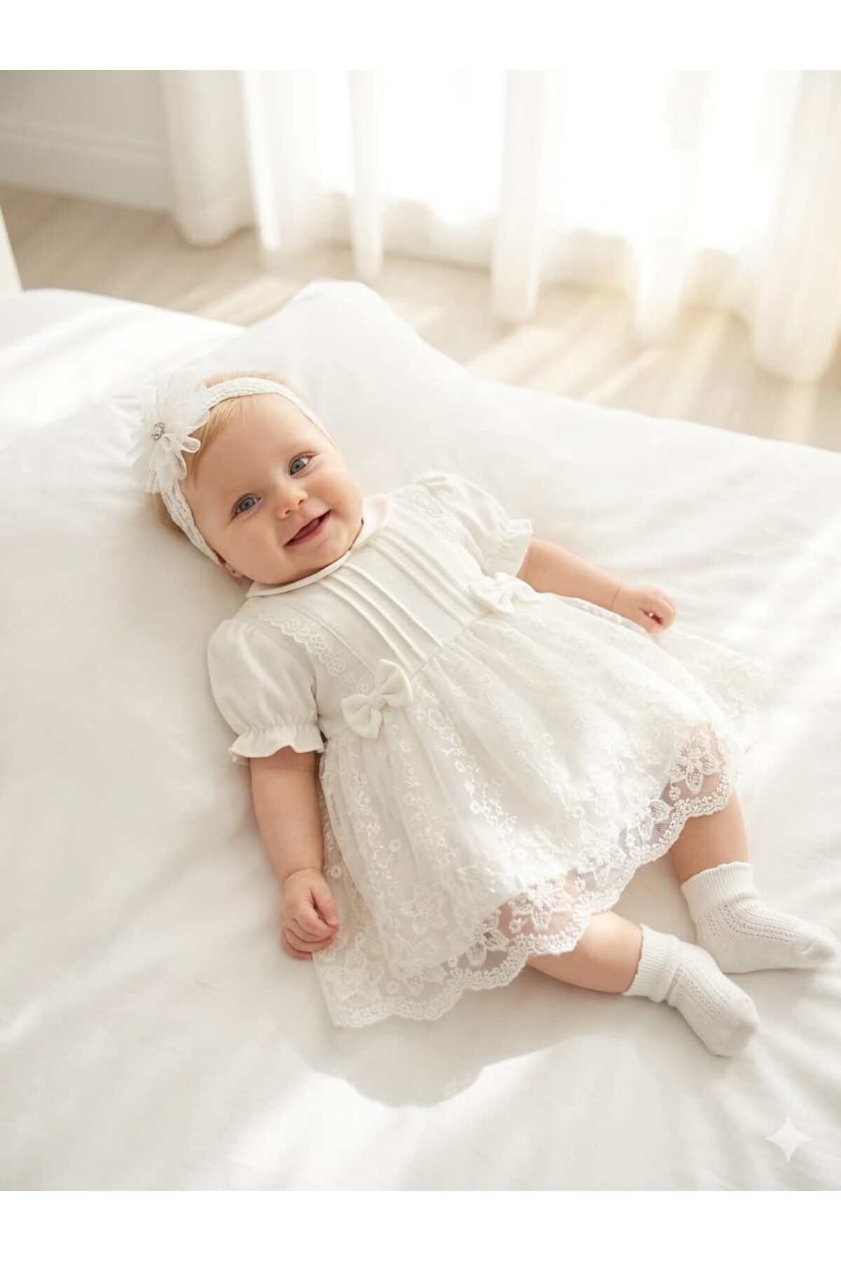 Miniday Baby Kız Bebek Mevlütlük Elbise Yazlık Bandanalı Dantelli Yeni doğan Hastane çıkışı Gelinlik Abiye 4011