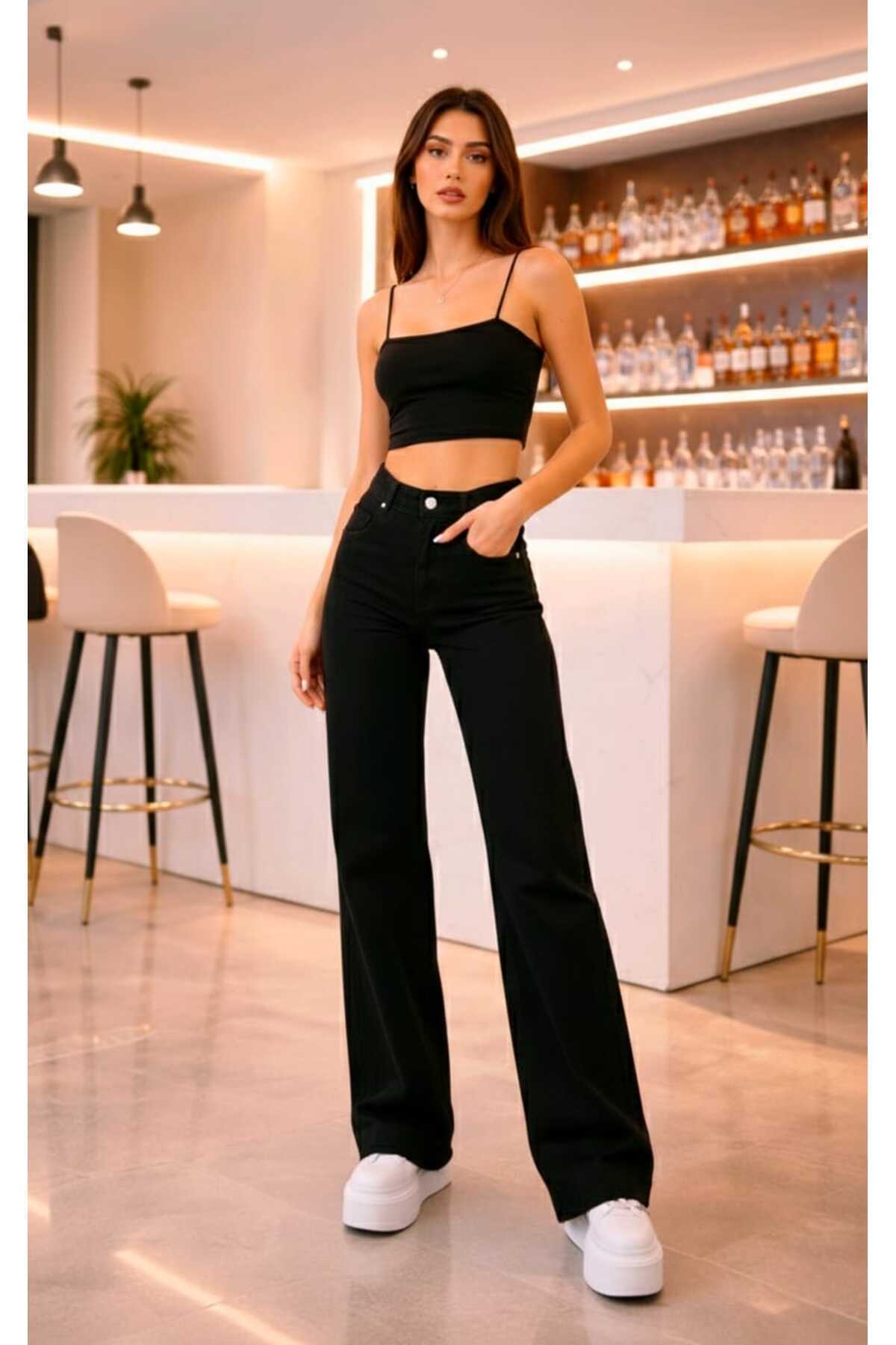 LİMABEL Yüksek Bel Siyah Kot Pantolon Siyah Salaş Jeans Likralı Esnek Palazzo görsel 2