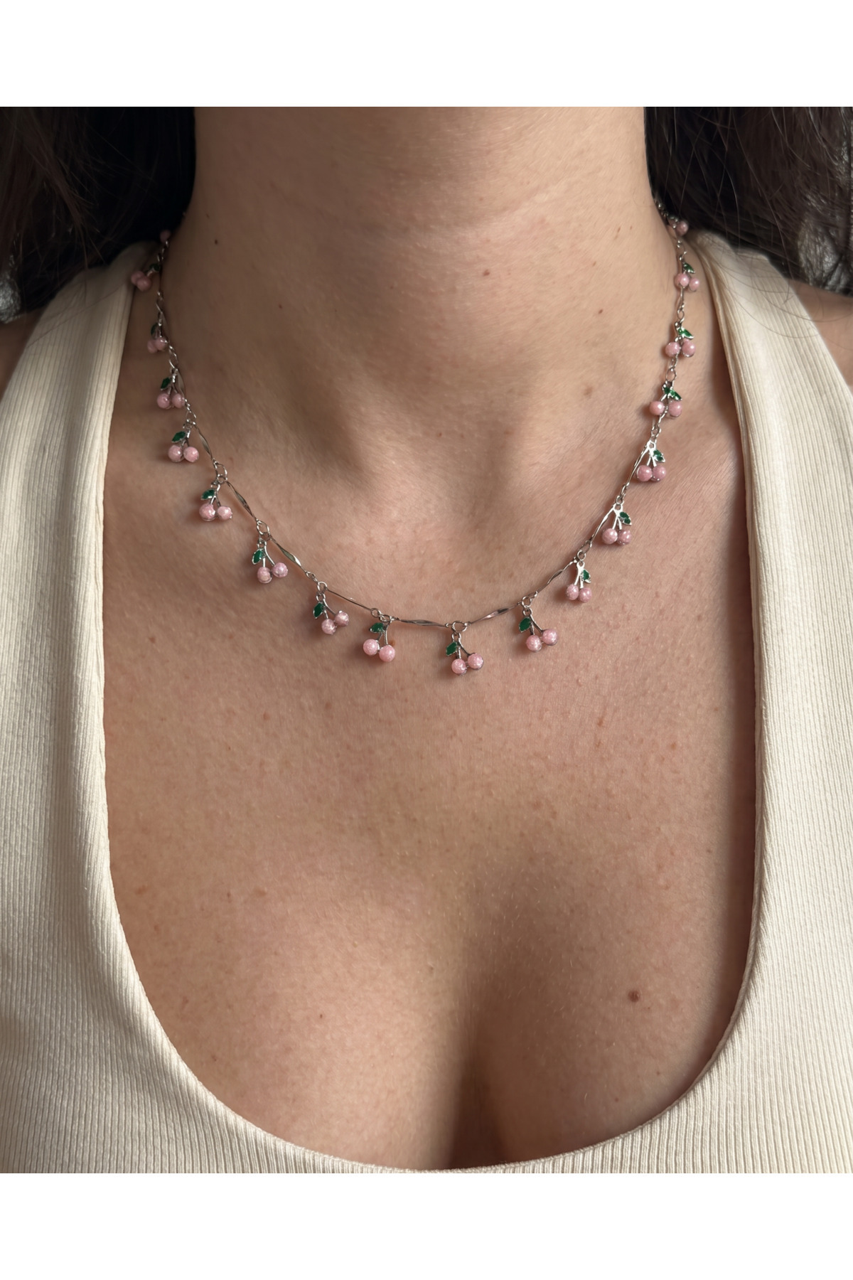 Gleemy accesories Gümüş renk Yaz Temalı pembe Kiraz Figürlü Kolye