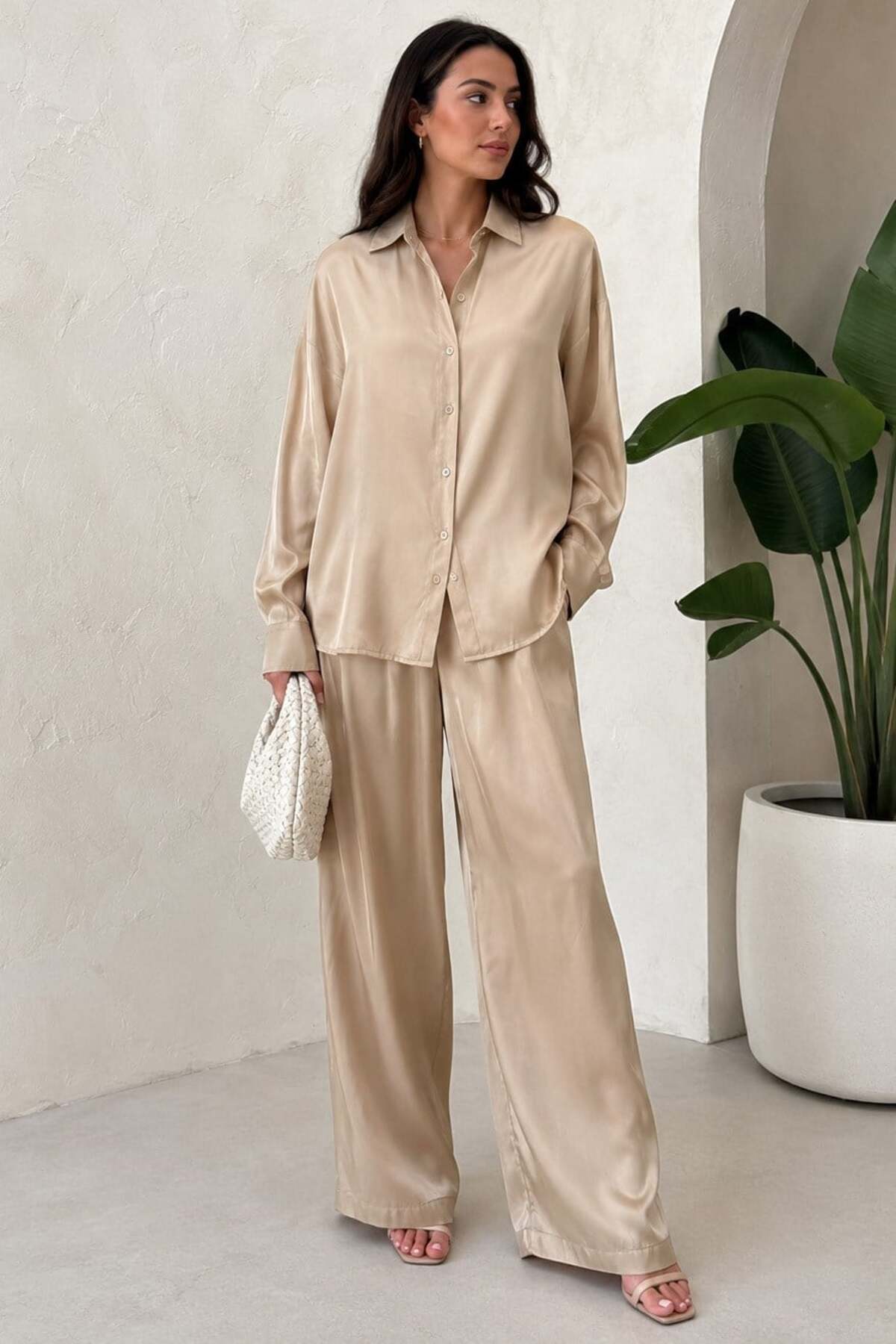 Beige Basic Women's Shirt Pants 2 Piece Set Mg2352