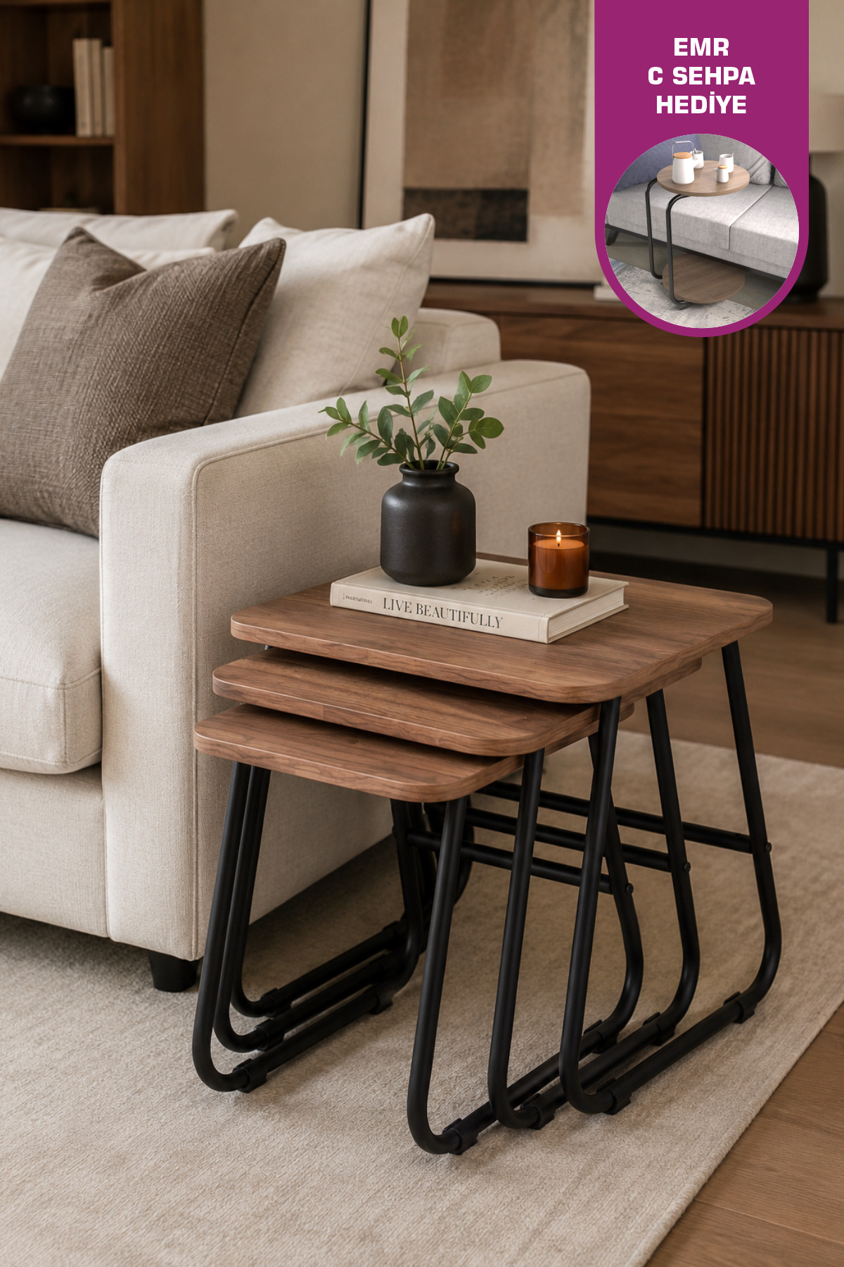 Zigana Multipurpose Black Metal Leg 3-Piece Chestnut MDF Zigon Coffee Table
