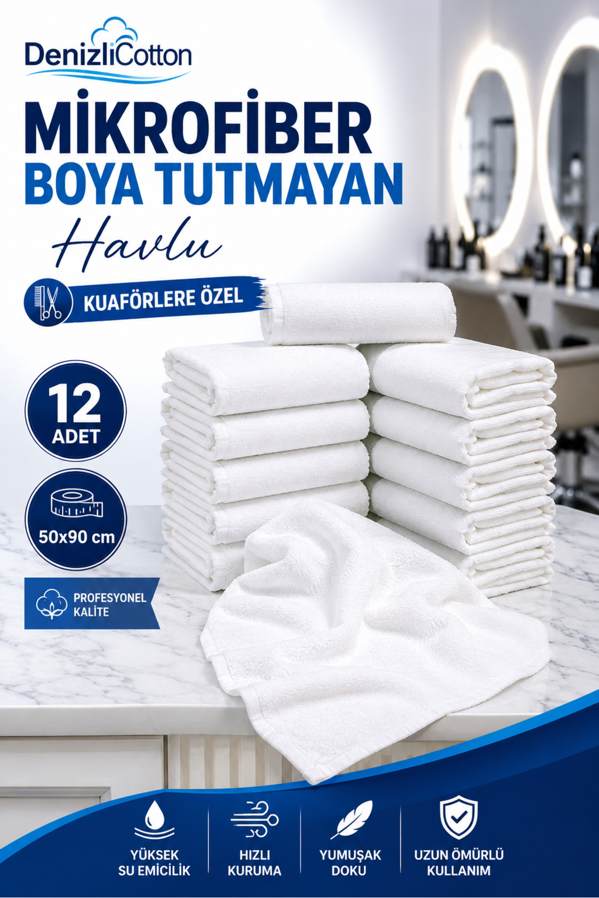 Dye-Resistant Microfiber Hair Towel for Hairdressers 50x90 cm 12-Piece Set High Water Absorbent White