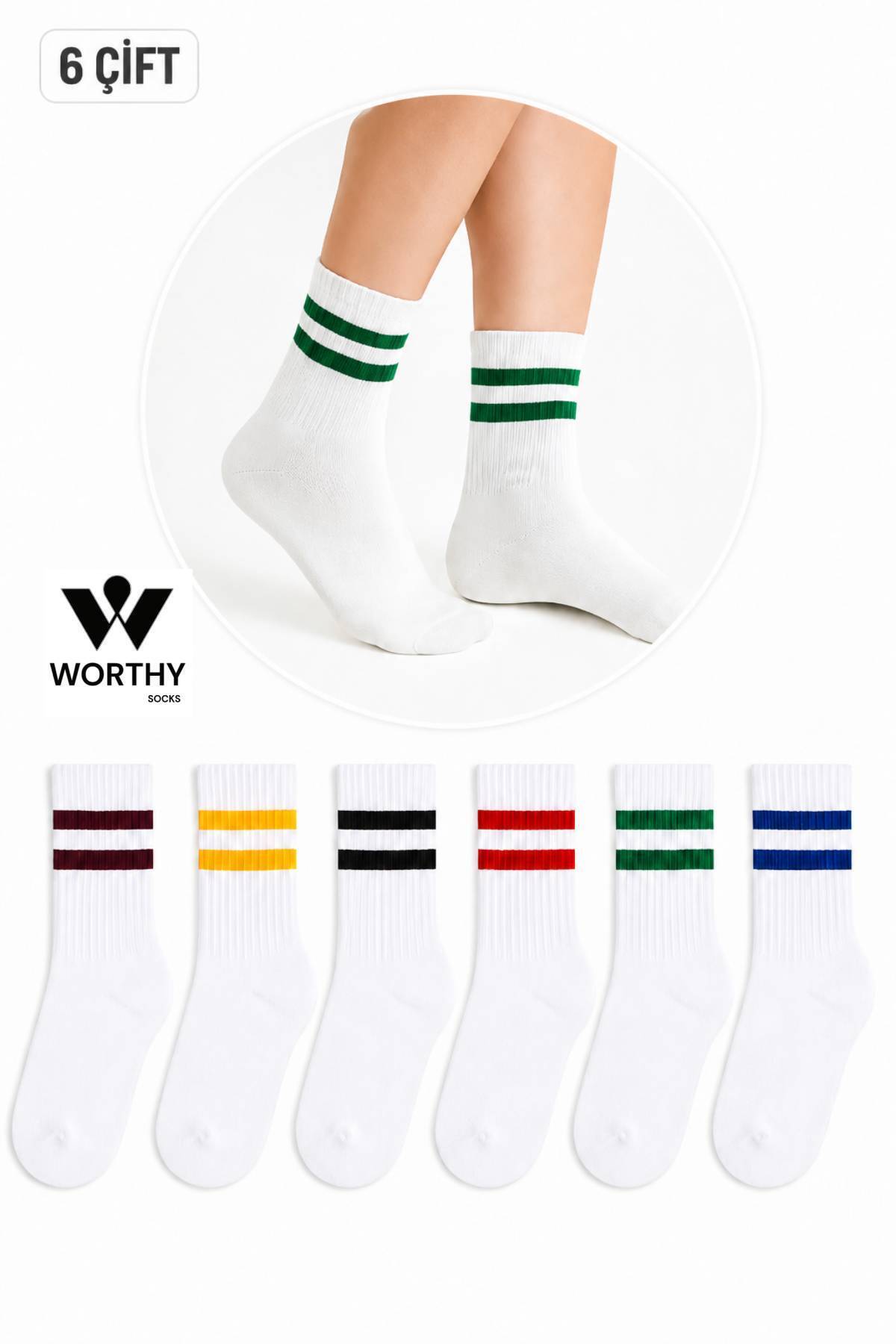 WORTHY SOCKS 6'li Çizgili Unisex Pamuklu Tenis Kolej Çorap