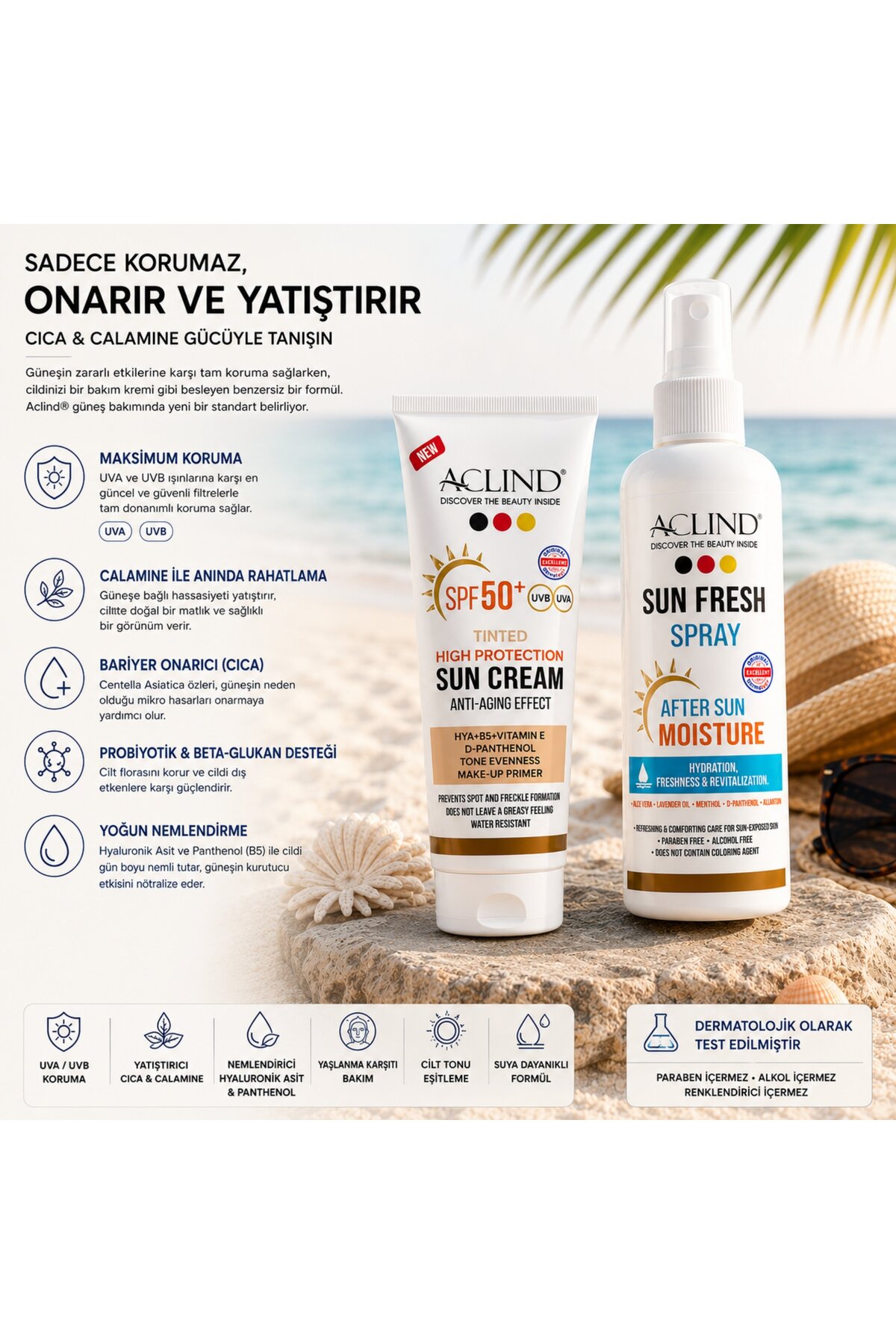 SPF 50+ Renkli Güneş Kremi 50 ml + Güneş Sonrası Ferahlatıcı Sprey 100 ml Seti — renklisun — تصویر 3 از 6