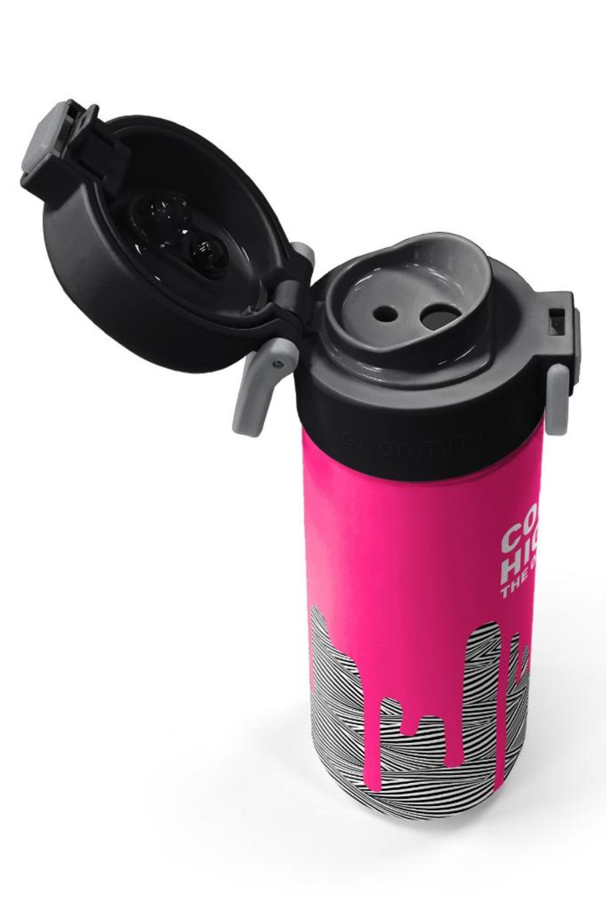 Kids Pembe Siyah Beyaz Desenli Pipetli ve Direkt İçim Çelik Termos 500 ml 31878