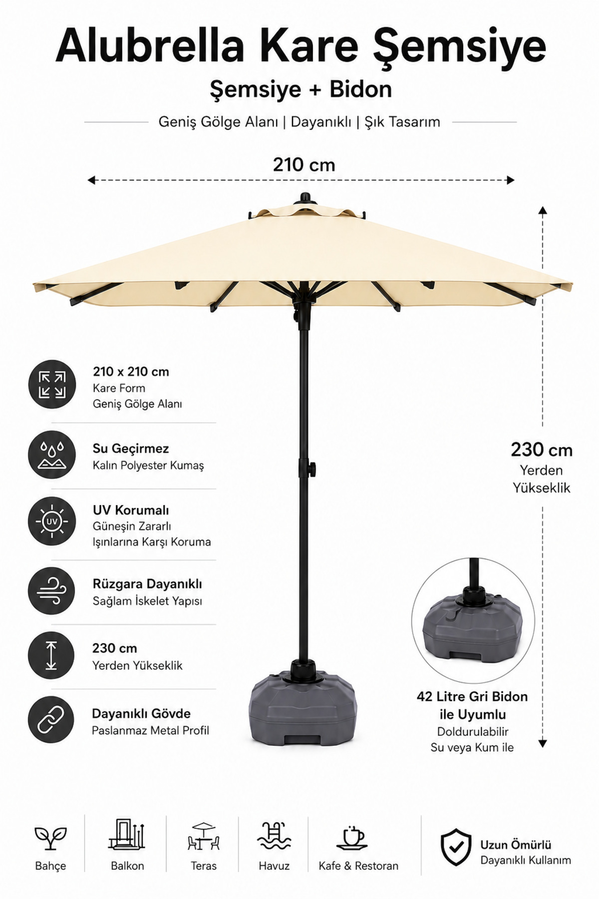 Alubrella Cream Parasol Square, 210/210 8-wire, Waterproof Fabric, Canister