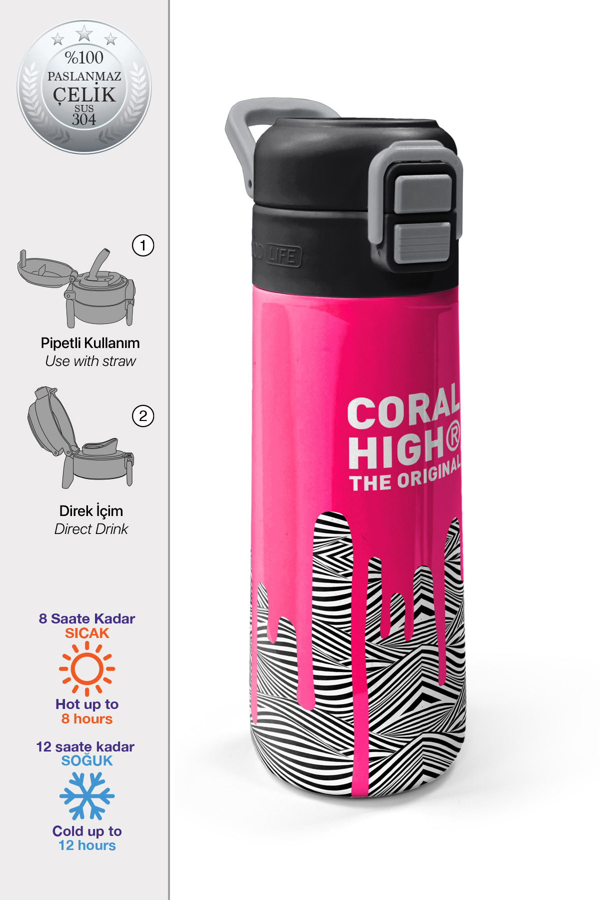 Kids Pembe Siyah Beyaz Desenli Pipetli ve Direkt İçim Çelik Termos 500 ml 31878