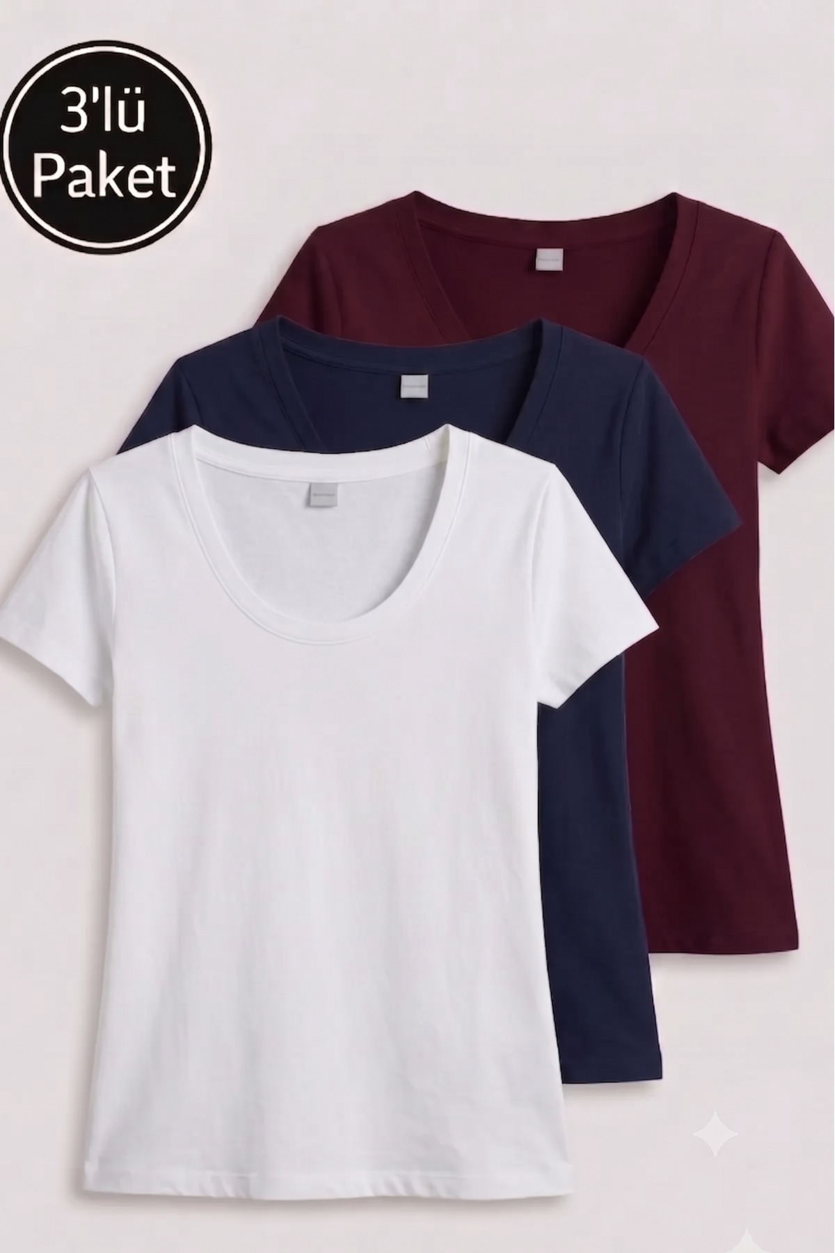 Women's Cotton T-Shirt 3-Piece Set U-Neck