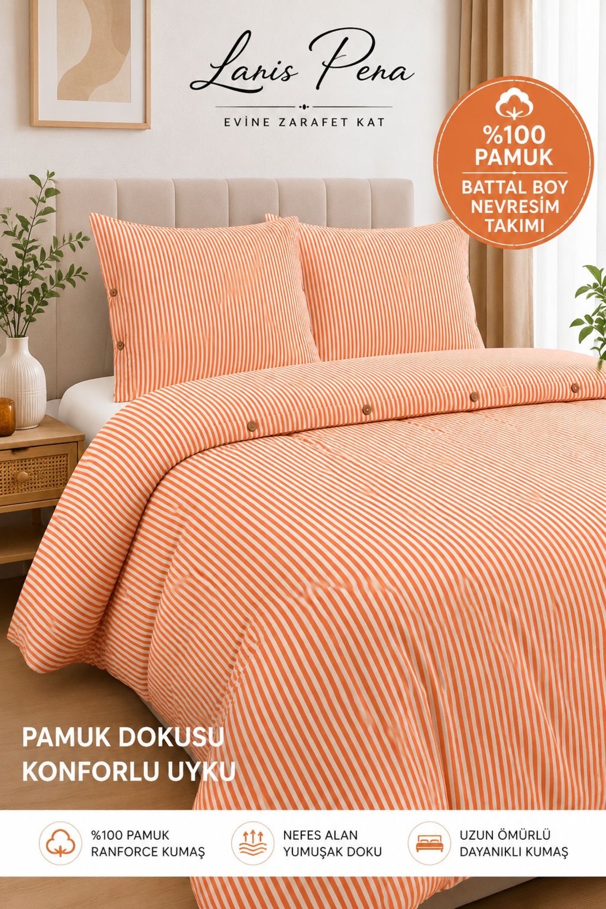 100% Cotton Ranforce Orange Plus Size Striped Duvet Cover Set Buttoned King Size