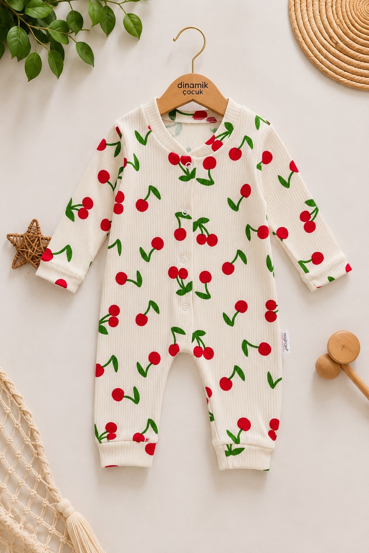Baby Girl Big Cherry Report Printed Baby Jumpsuit Ribbed Snap Fastener Newborn 100% Cotton 1-3-6 Months