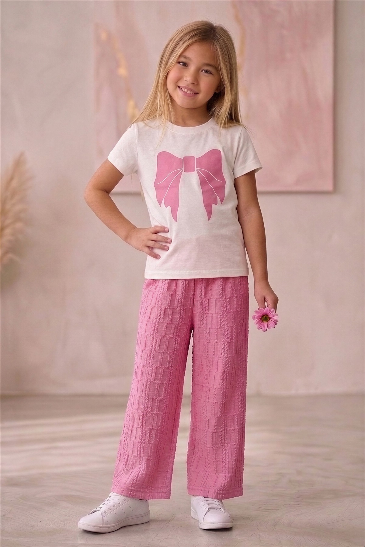 Kalyoncu Butik Ribbon Printed Pink Cotton Girls' Set