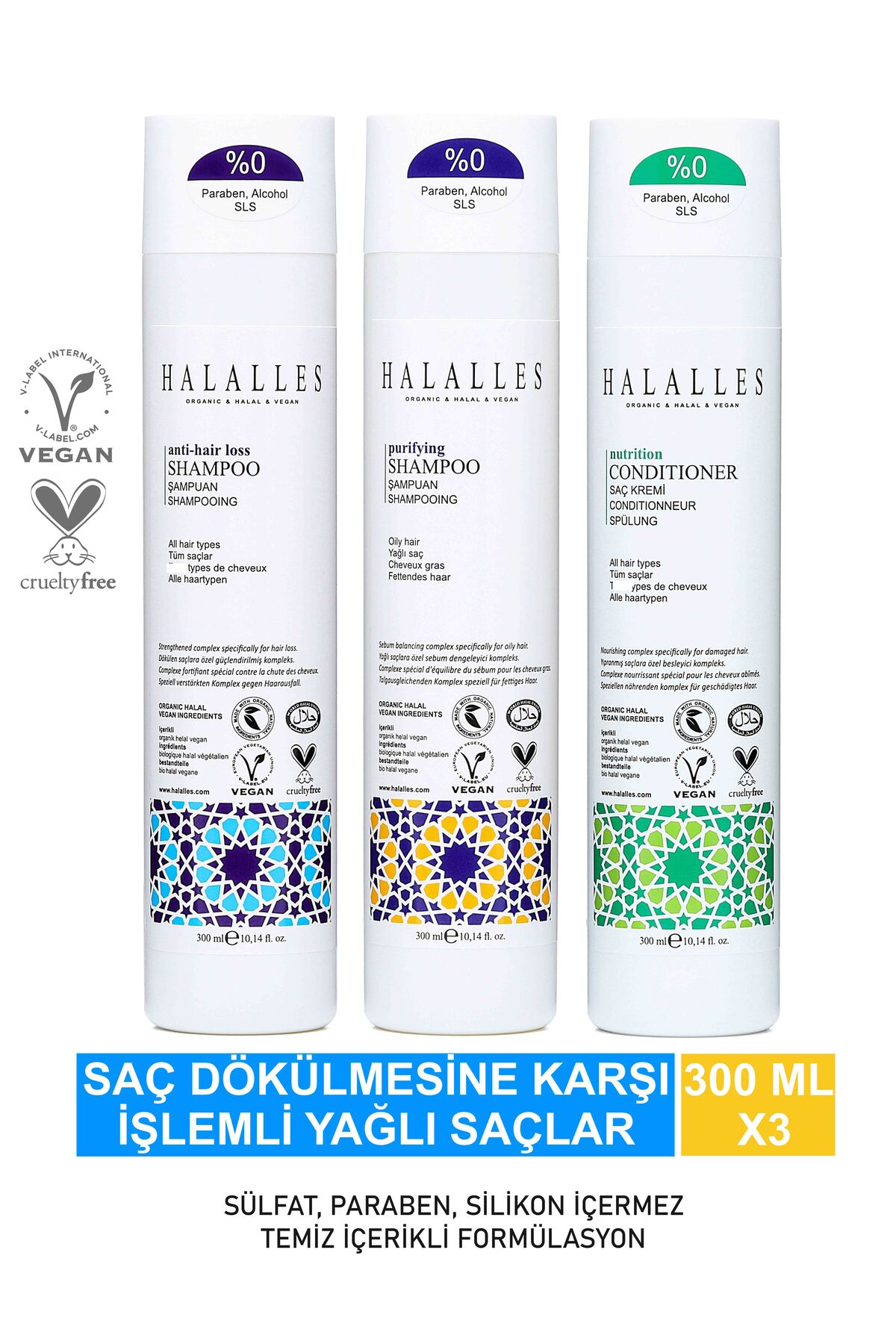 Halalles Saç Dökülmesine Karşı Şampuan Işlemli Yağlı Saçlar – Sülfatsız & Vegan Formül 3 X 300 ml — 1536