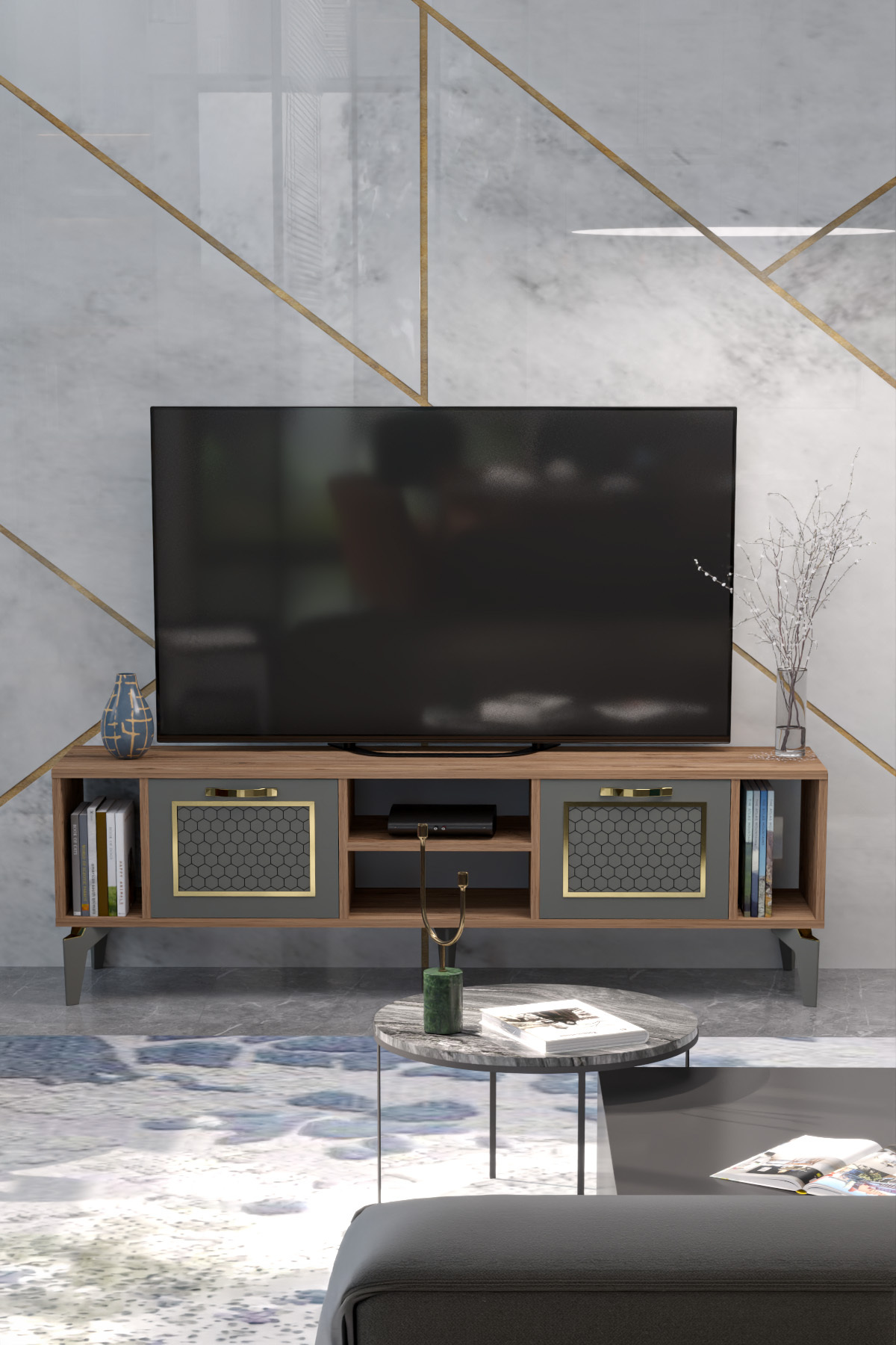 Goldfalez Linya Gold TV Sehpası Kahverengi görsel 2