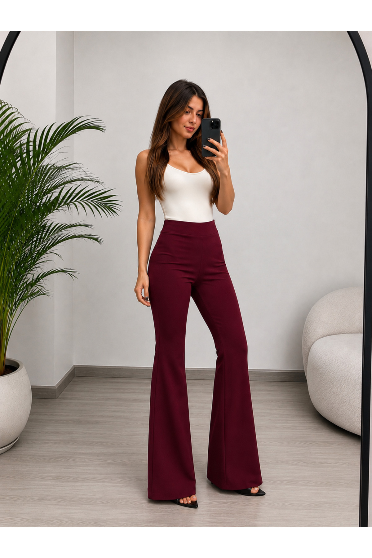 ECEYLÜL MODA BORDO SCUBA KREP İSPANYOL PAÇA PANTOLON(kısa süreliğine lansman fiyatı) görsel 4