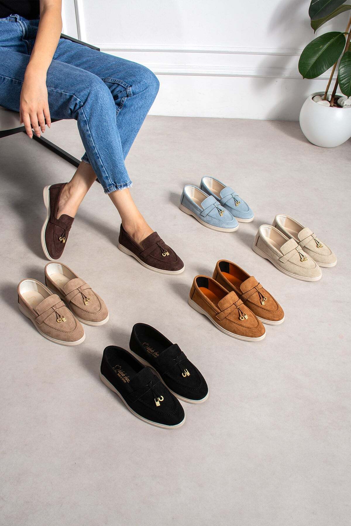 dabab shoes LUPY Kadın Acı Kahve Süet Loafer Ayakkabı Gold Aksesuarlı Ortopedik Rahat Taban Casual Babet görsel 4