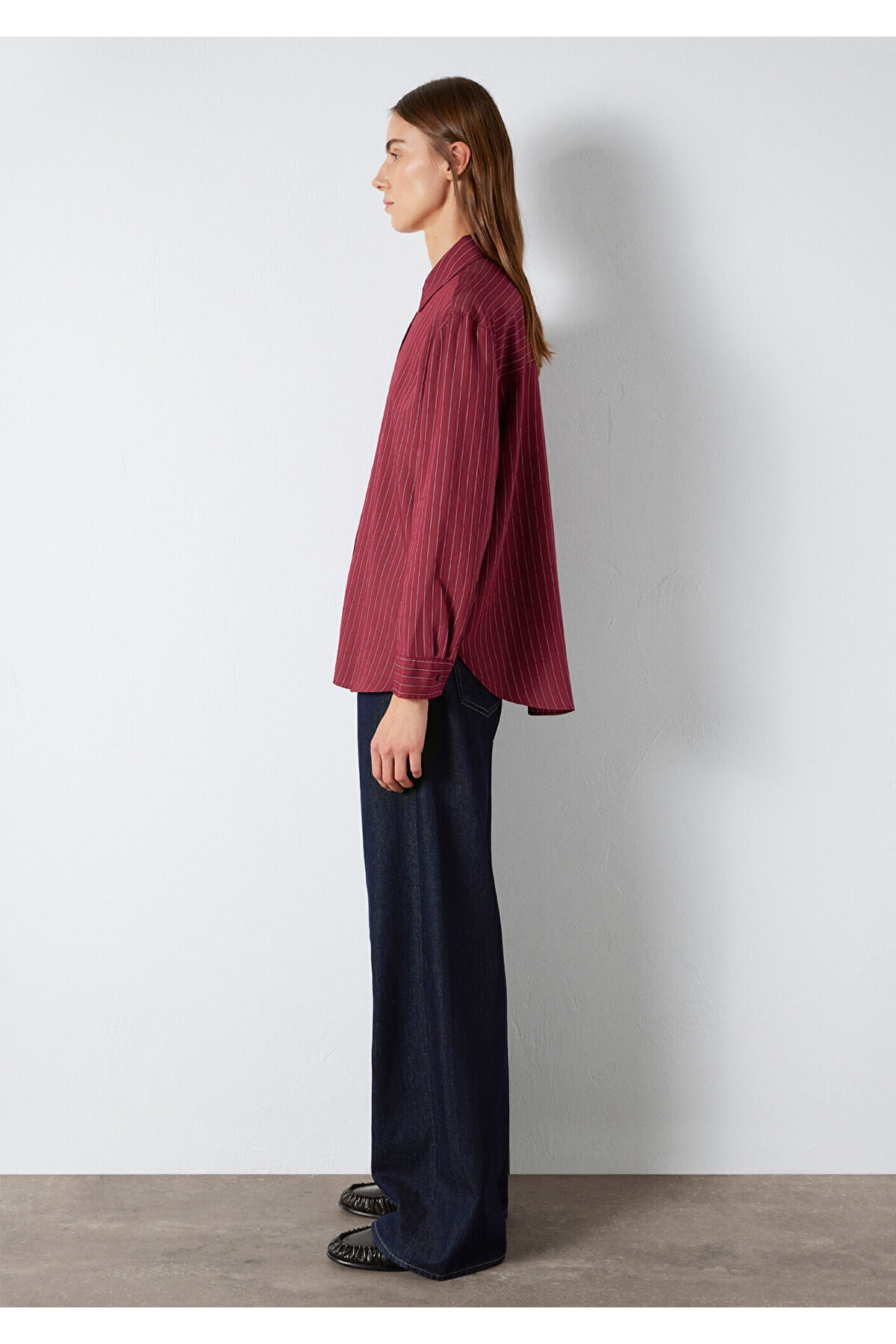 Çizgili Bordo Gömlek Loose Fit / Bol Rahat Kesim 1210683-91379 — قرمز — تصویر 4 از 7