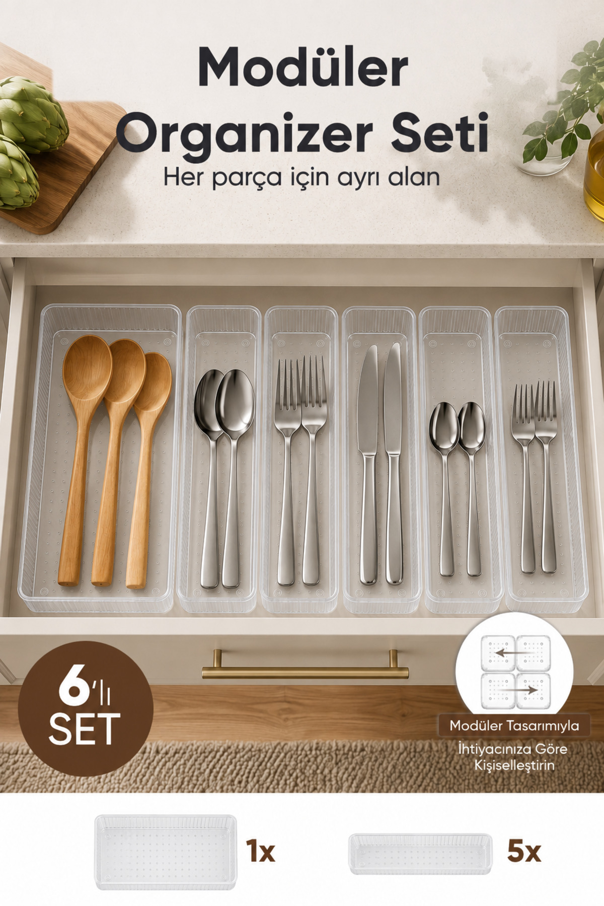 Vienev 6'lı Modüler Şeffaf Kaşıklık Seti Çekmece İçi Mutfak Çatal