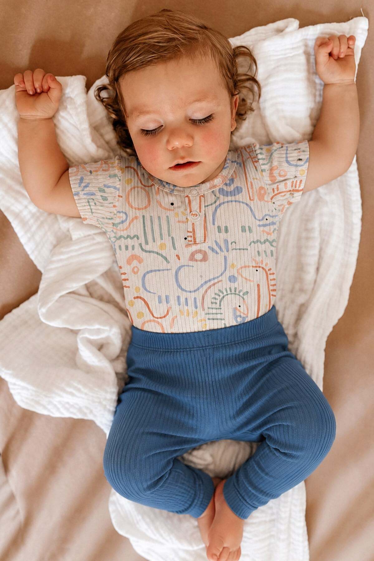 Cigit Ribbed Bodysuit Set 0-3 Years Light Beige
