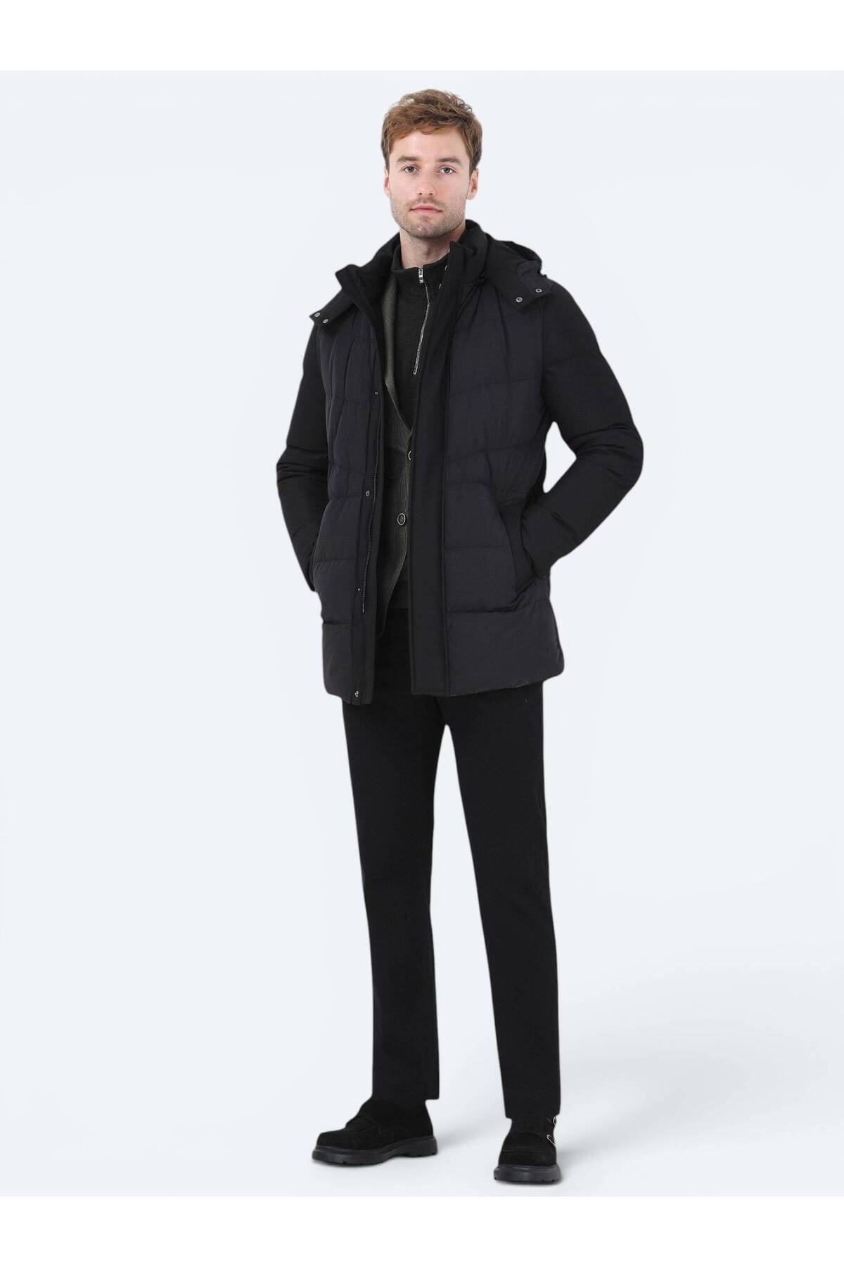 Kip Siyah Regular Fit Kapüşonlu Casual Dokuma Kaban görsel 2