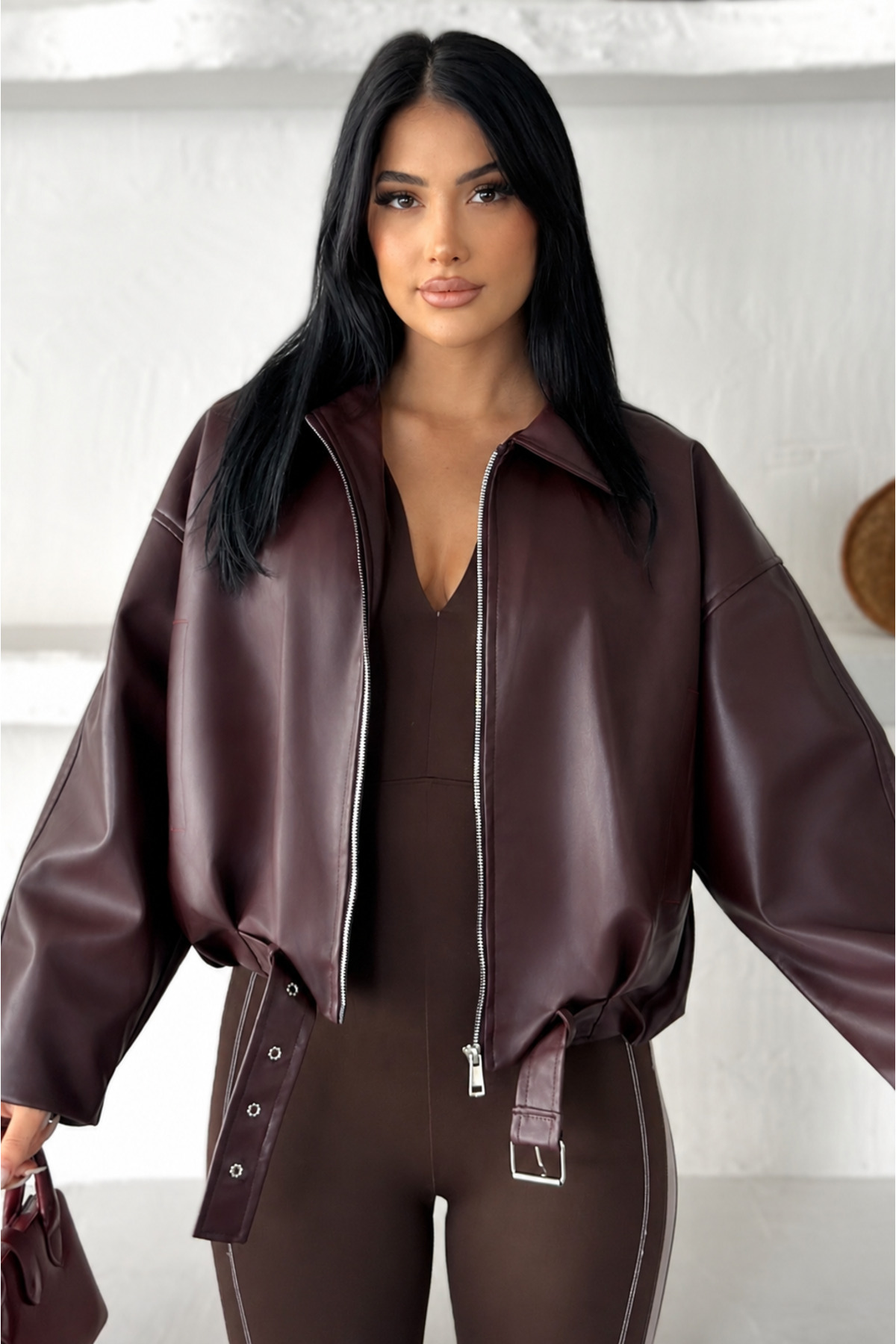 moda armanc Kadın Oversize Bomber Suni Deri Ceket | Yeni Sezon Kemerli Biker Ceket görsel 3