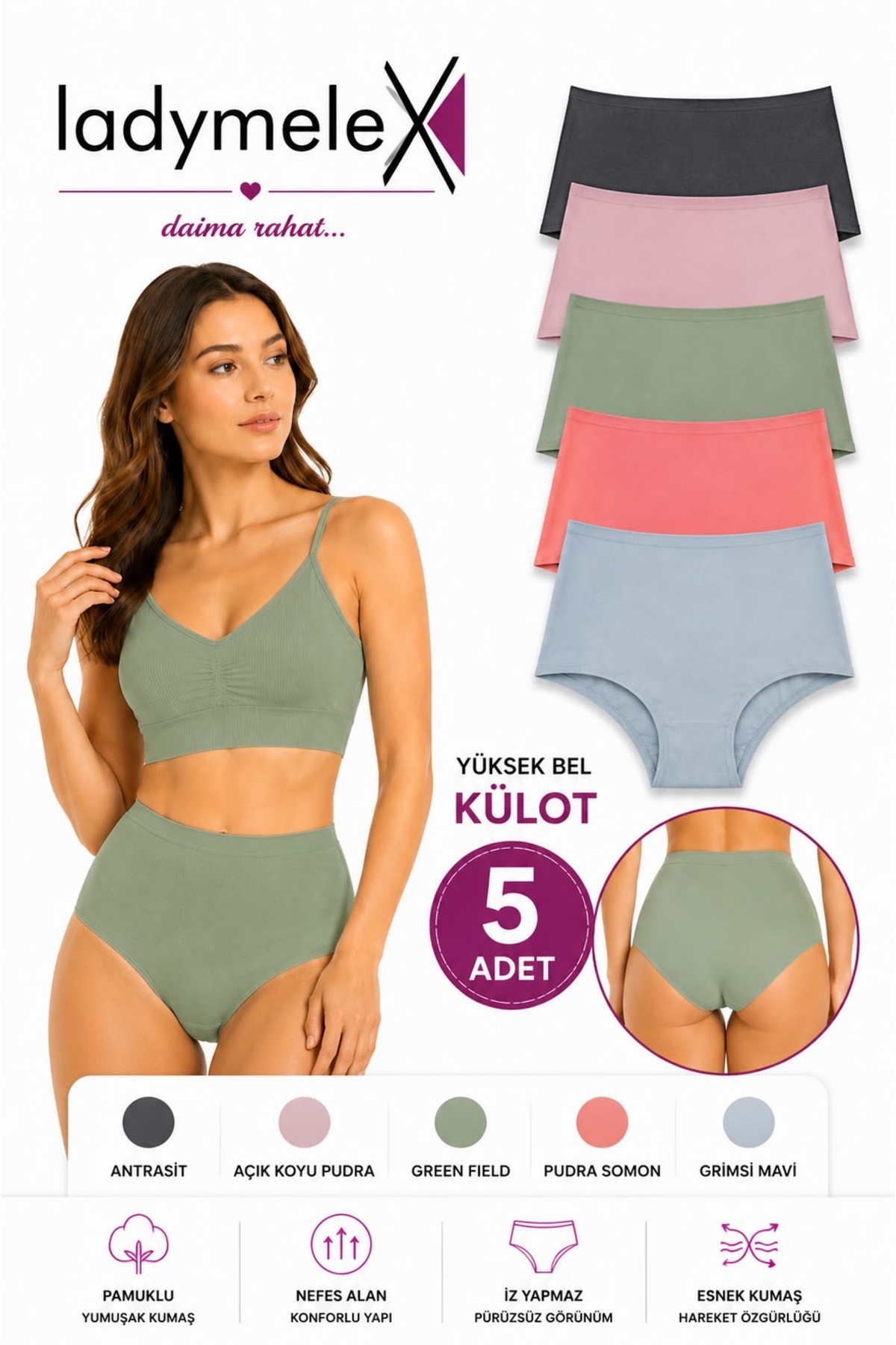 LadyMelex Kadın Külot, Yüksek Bel Külot (S-M-L-XL-2XL-3XL) Karışık Renkli, %100 Rahat Kumaş