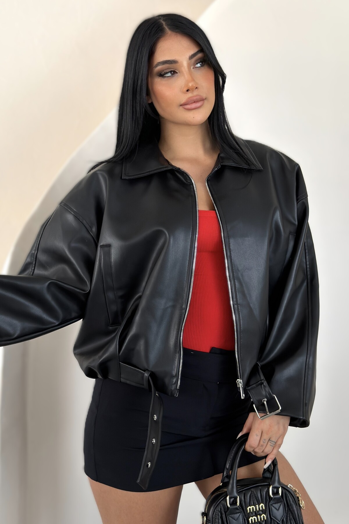 moda armanc Kadın Oversize Bomber Suni Deri Ceket | Yeni Sezon Kemerli Biker Ceket görsel 7