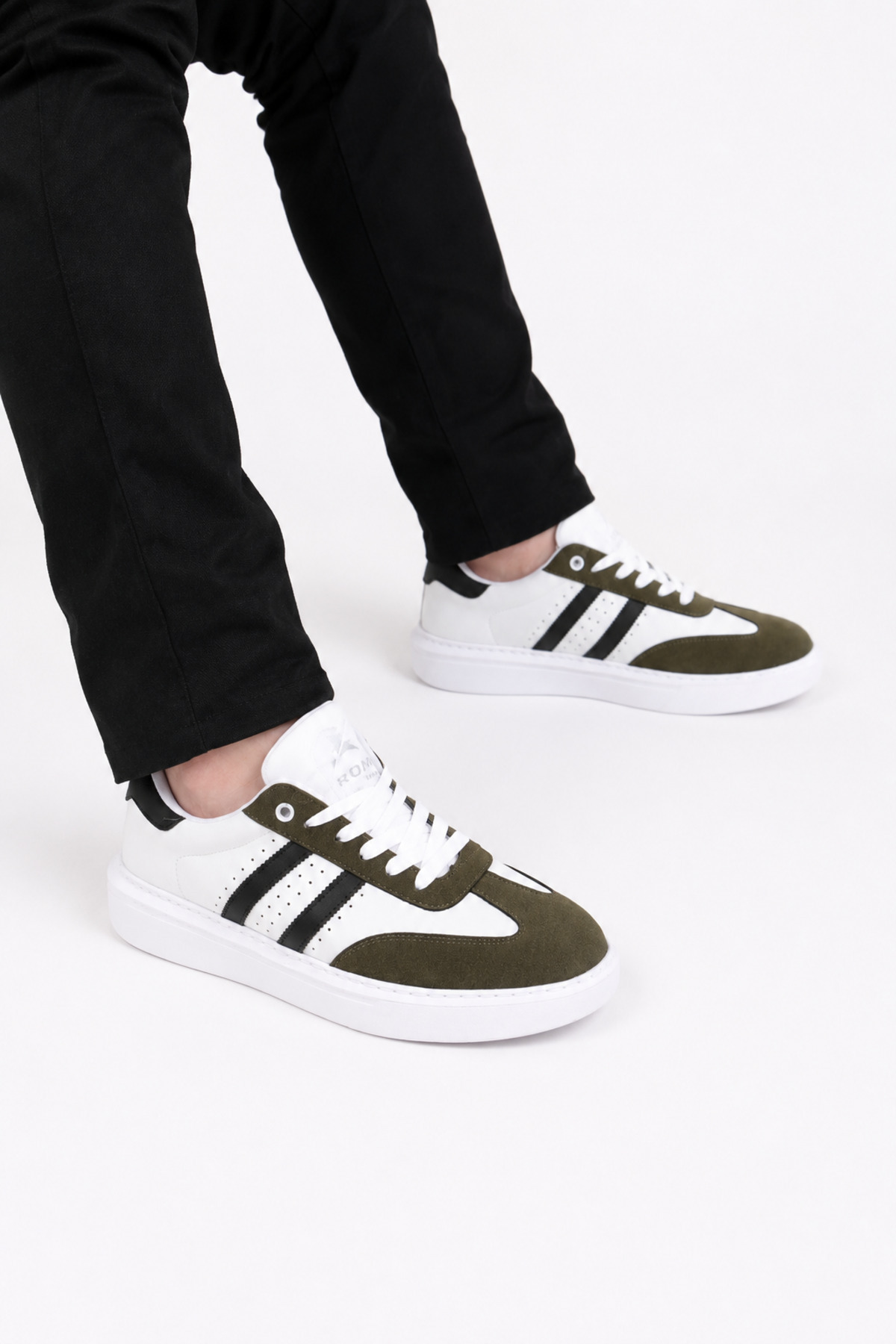 TROVIX Premium Haki-Beyaz Erkek Sneaker, Suni Deri & Süet, Beyaz EVA Taban görsel 3