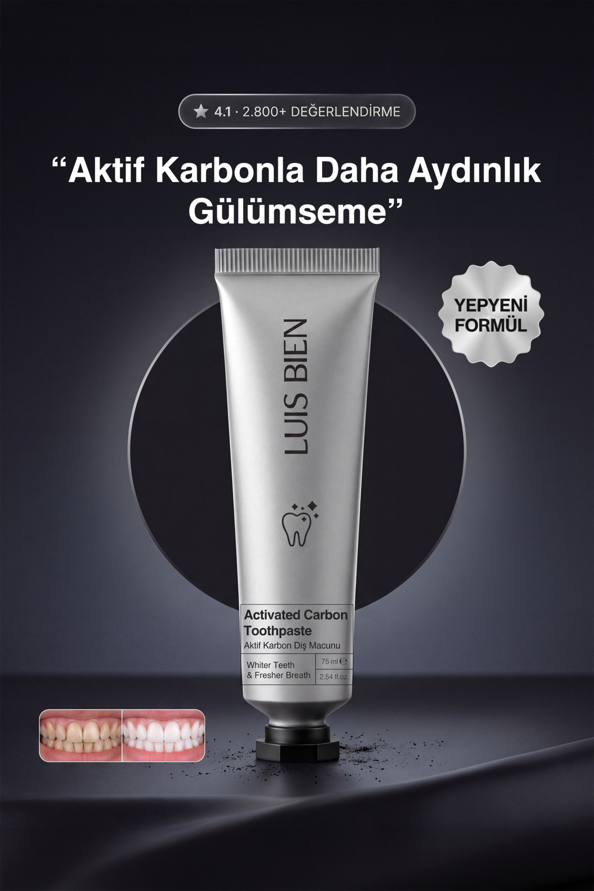 Luis Bien Diş Beyazlatma Macunu - Organik Aktif Karbonlu Beyazlatıcı Diş Macunu 75 ml, Leke Karşıtı