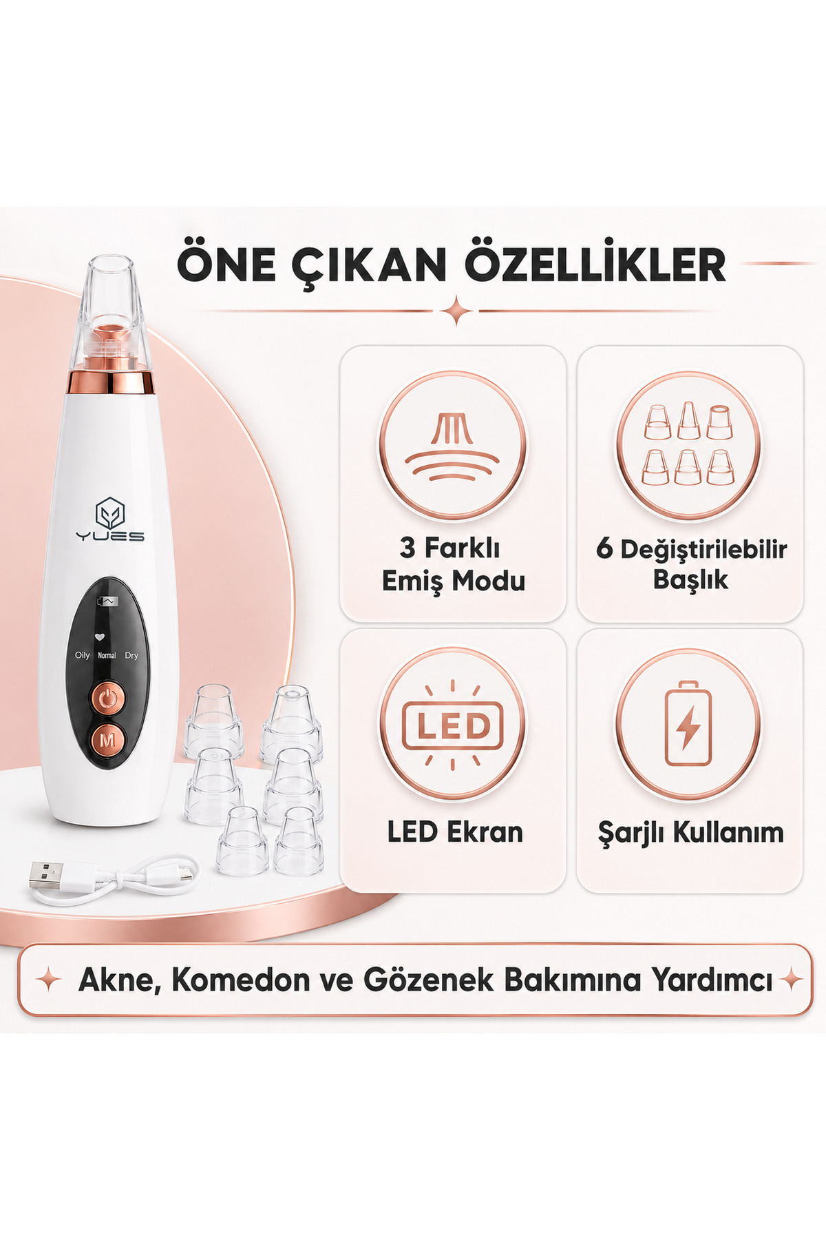 W-1888 Vakumlu Siyah Nokta Temizleme Cihazı, Akne Komedon Gözenek Bakımı, 3 Mod, 6 Başlık — تصویر 6 از 9