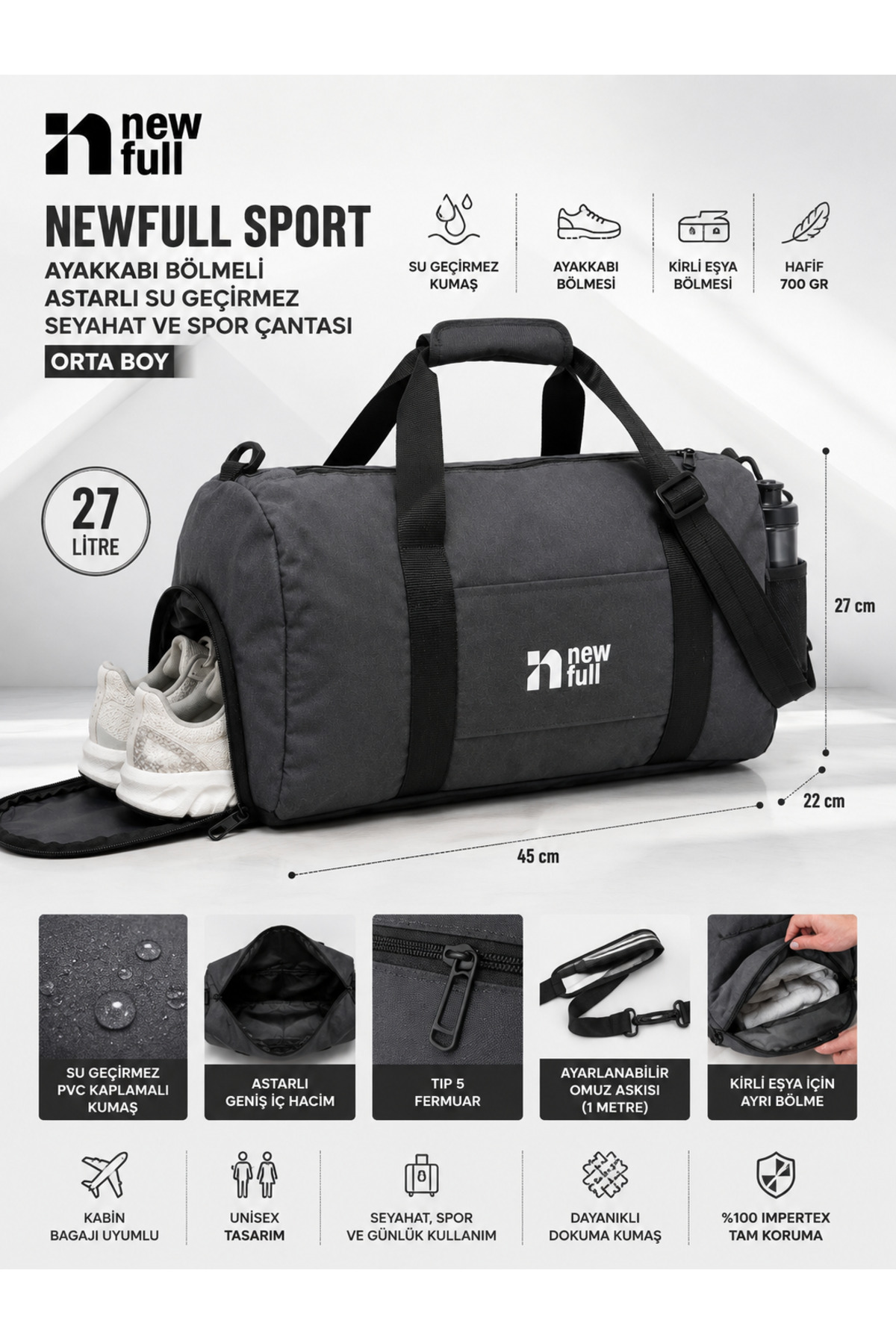NEWFULL SPORT AYAKKABI BÖLMELİ ASTARLI SU GEÇİRMEZ SEYAHAT VE SPOR ÇANTASI-ORTA BOY