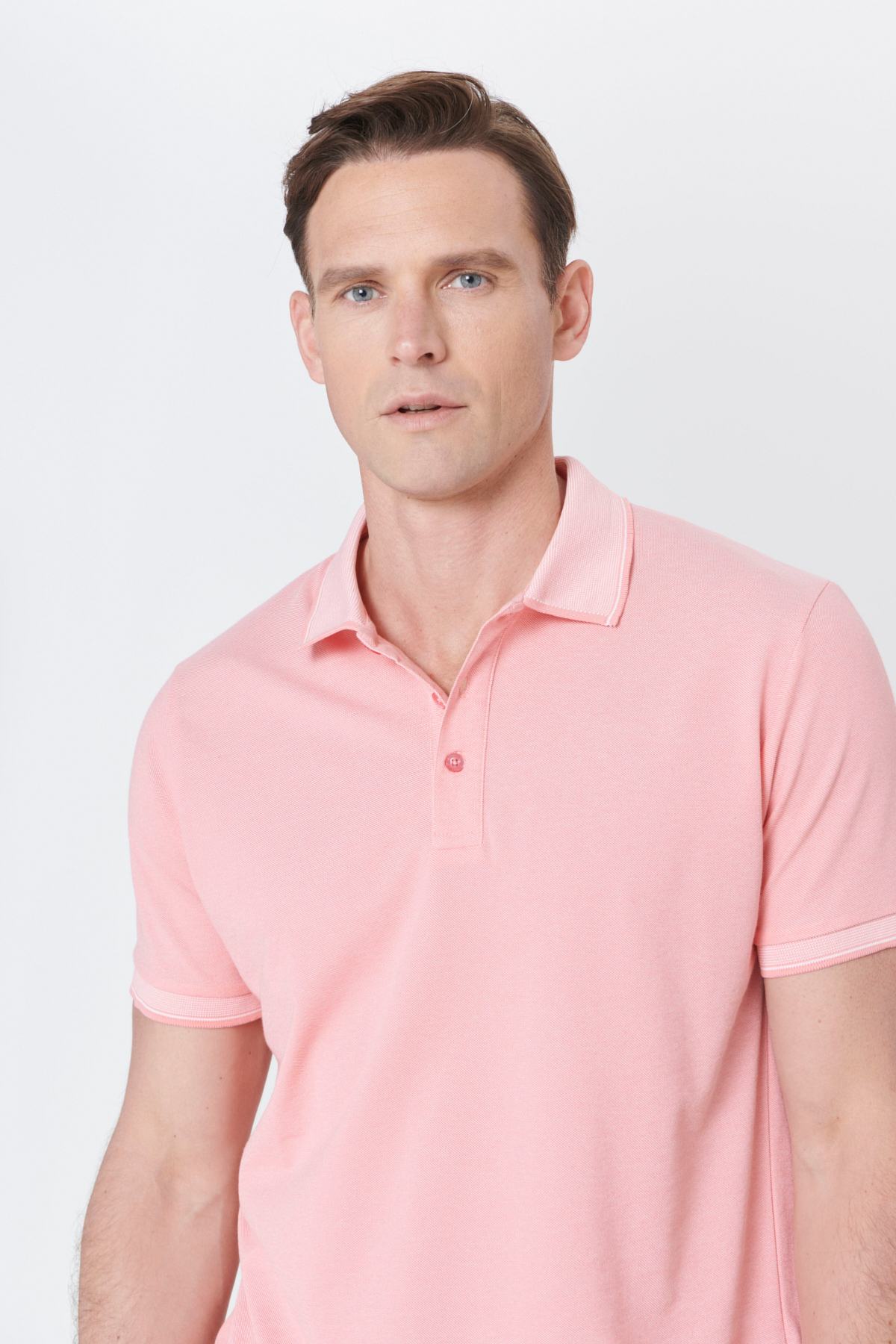 AC&Co / Altınyıldız Classics Erkek Çekmeyen Pamuklu Kumaş Slim Fit Dar Kesim Pembe-Beyaz Kıvrılmaz Polo Yaka Tişört görsel 6