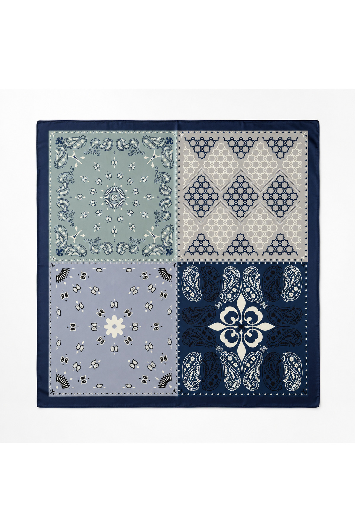 MOORİ Lacivert Gri Desenli İpeksi Saten Fular 70x70 cm, Kare Fular, Etnik ve Şal Desenli Kadın Aksesuarı görsel 2