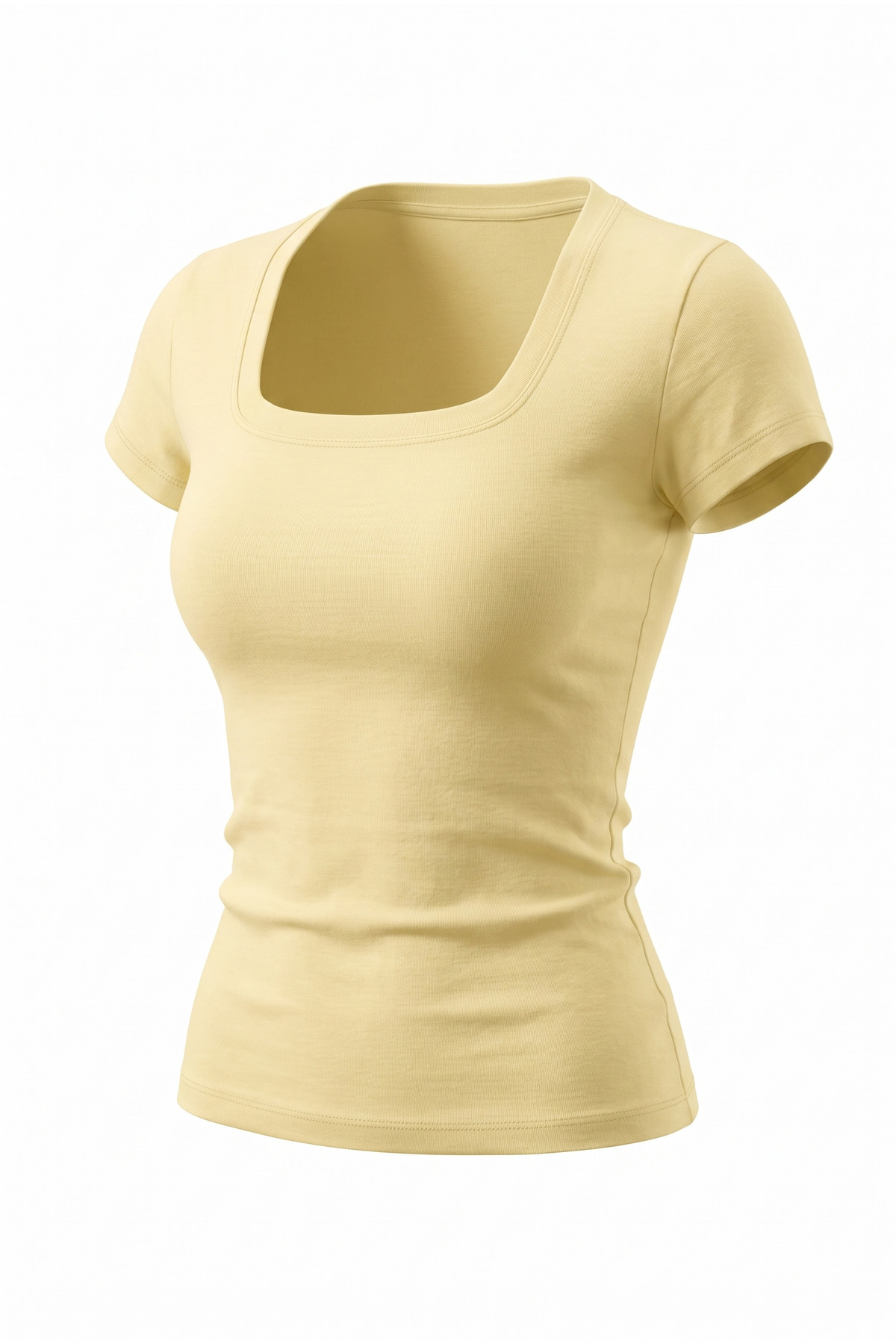 Nuzrk %100 Pamuk Ultra Soft Slim Fit Esnek Dokulu Vücuda Oturan KARE Yaka SOFT SARI Kadın T-Shirt görsel 3