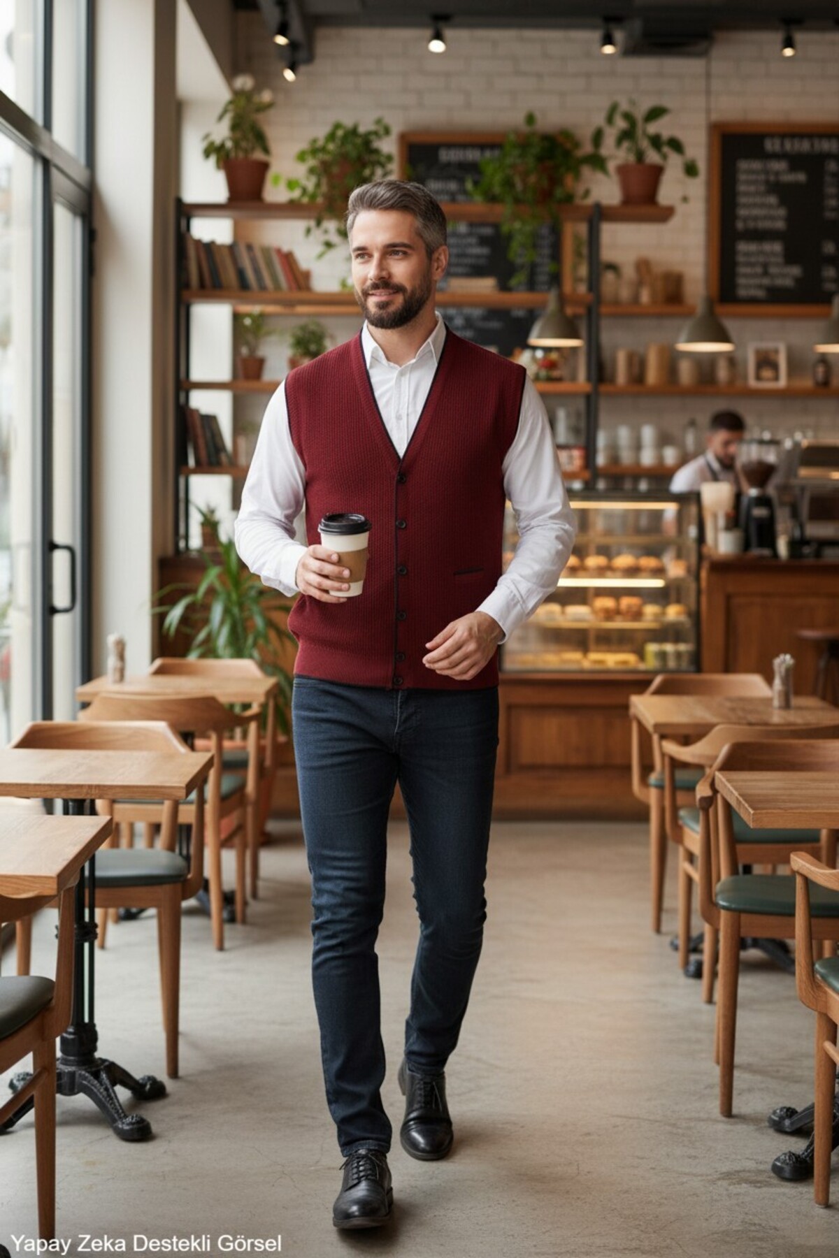 Kamalı Erkek Bordo V Yaka Triko Düğmeli Cepli Çizgi Desenli Regular Fit Tüylenmeyen Örgü Yelek görsel 6
