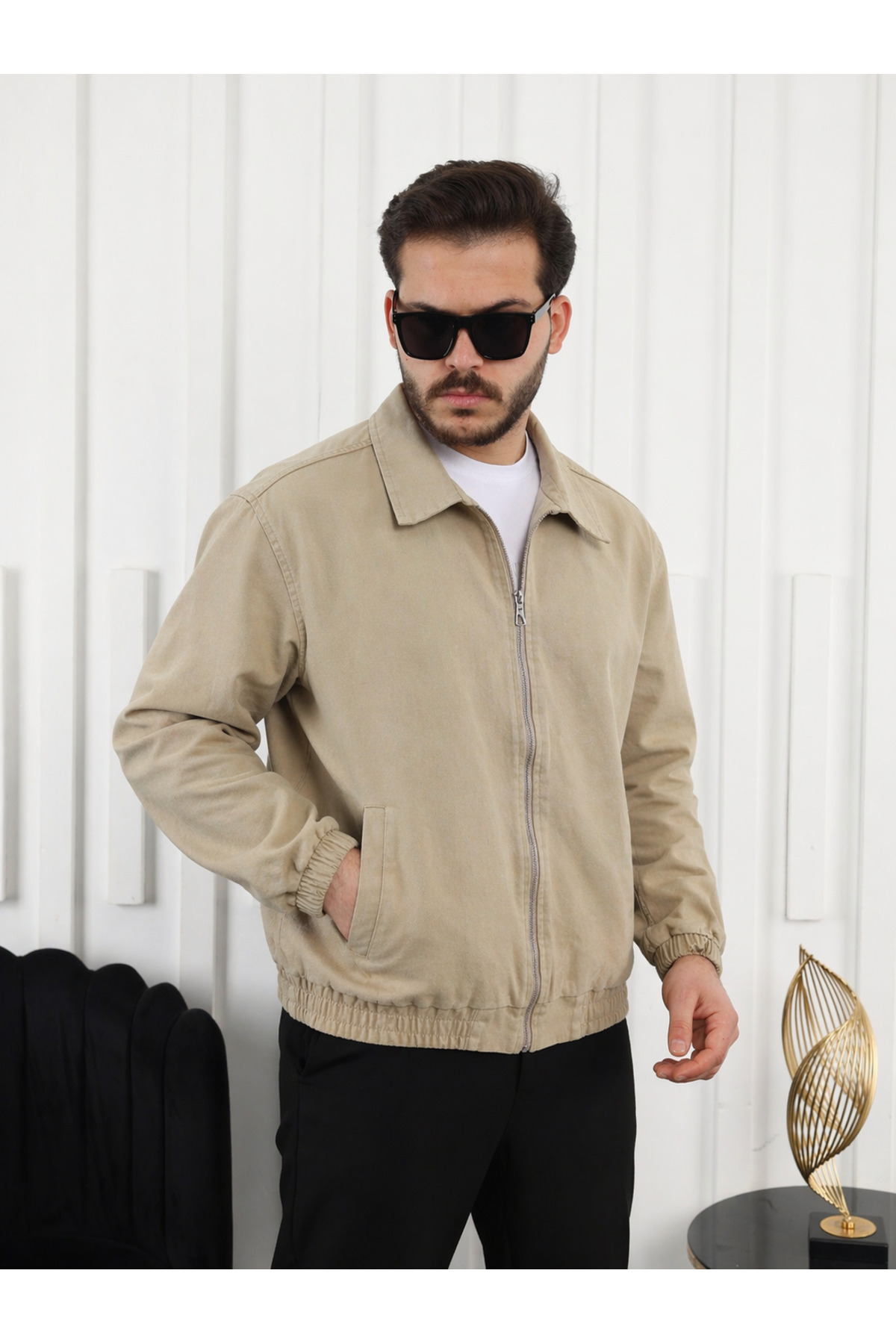 comstar Erkek Mevsimlik Premium Krem Oversize Bomber Ceket görsel 4