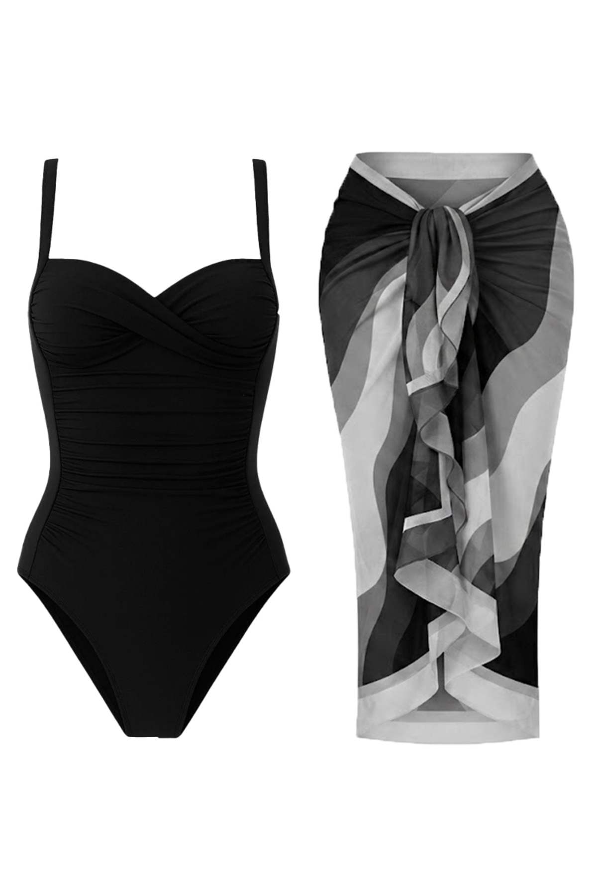 Women's Recovery Draped Swimsuit Black Swimsuit Black Wave Pattern Pareo 2-Piece Set Stylish And Thinning Effect