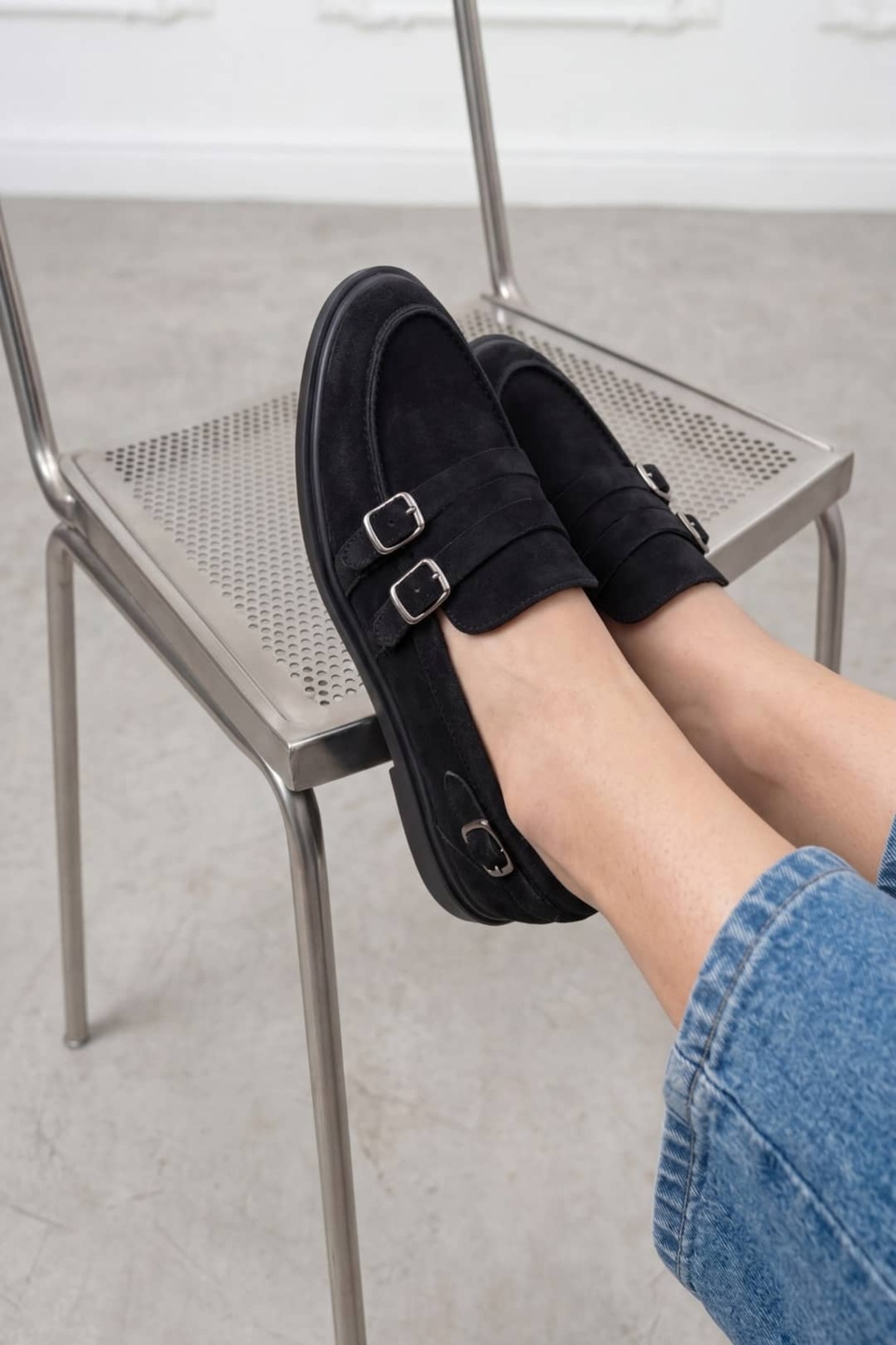 NAVİSHOES Siyah Kadın Ortopedik Loafer Süet Tokalı Günlük Babet Ayakkabı SL851NAV görsel 2