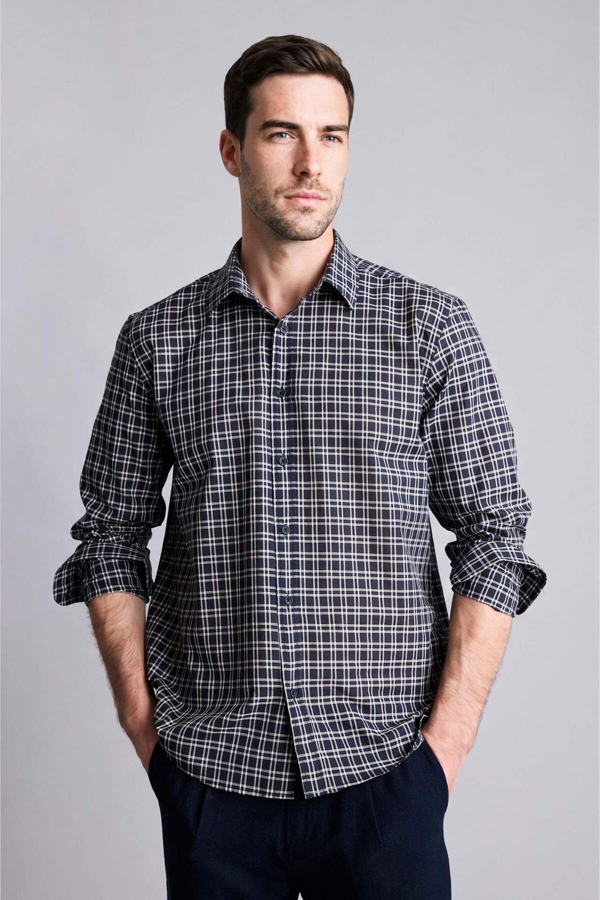 Defacto 100% Cotton Regular Fit Polo Collar Long Sleeve Shirt G6285Ax26Sm
