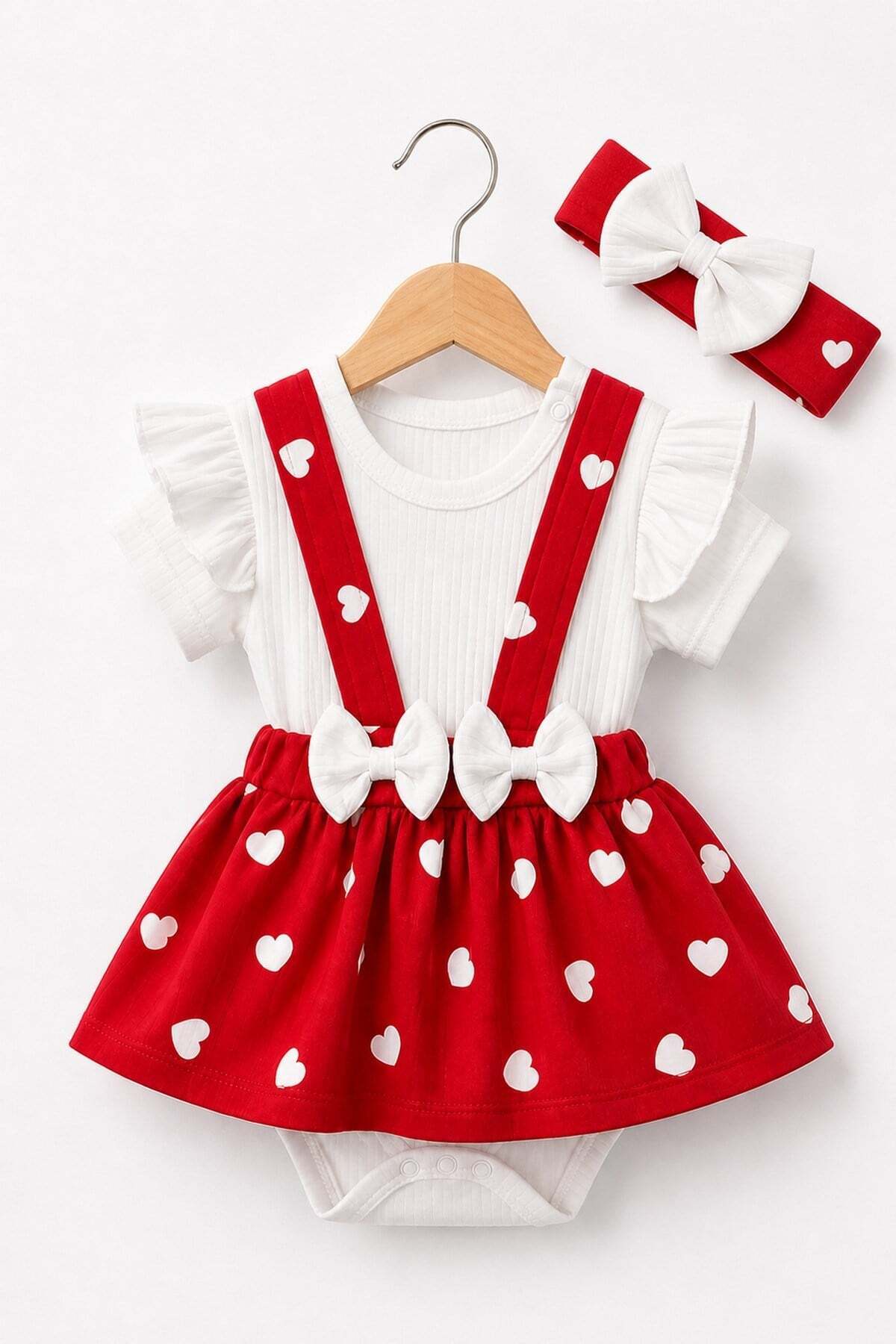 Baby Girl 3-Piece Set Heart Bandana Dungaree Dress & Snap Fastener Set 0-3-6-9-12 Months