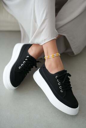 selin shoes Peinta Yüksek Tabanlı Bağcıklı Kadın Sneaker- SİYAH