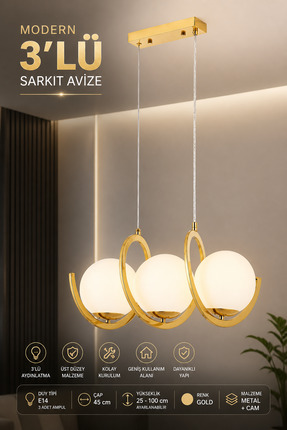 Elvora Home Modern (PREMİUM) Gold 3lü Sarkıt Avize Cam Küreli Şık Tasarım Sal...