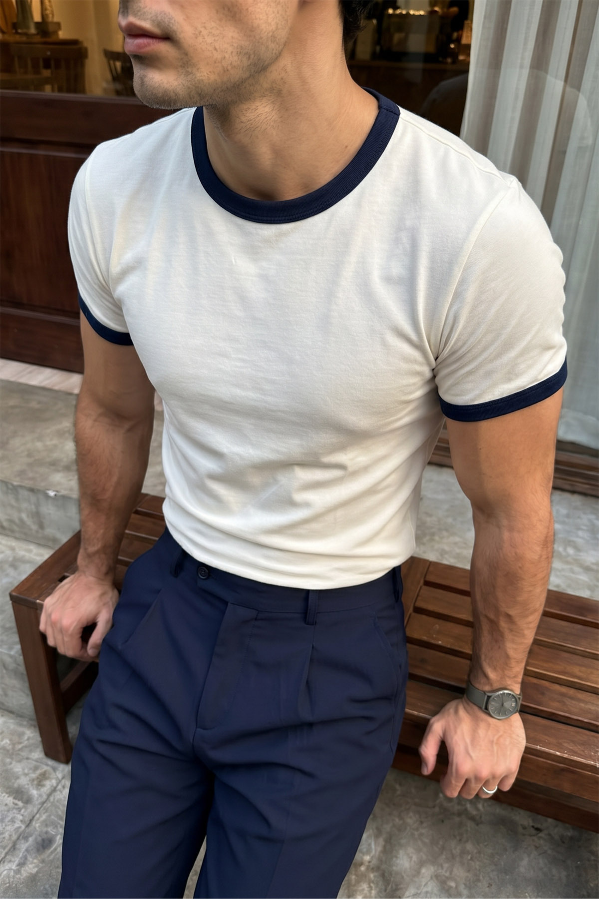 Wour Men's 100% Cotton Premium Crew Neck T-Shirt Contrast Collar Sleeve, Fit Mold