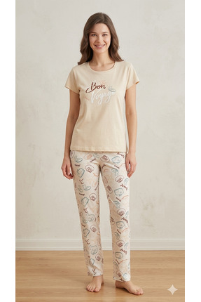 PİJALİNA Pamuklu Baskılı Kısa Kollu Pijama Takımı