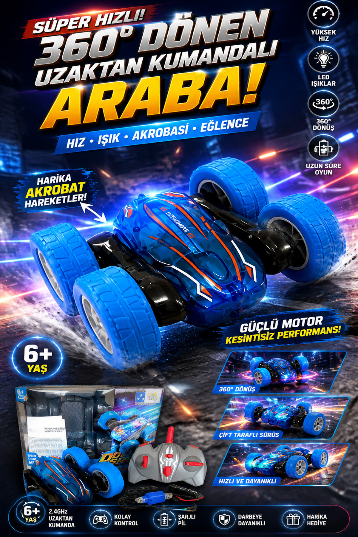 360° Rotatable Acrobat Remote Control Car Rechargeable Double Sided Stunt Car LED Lighted Toy Car