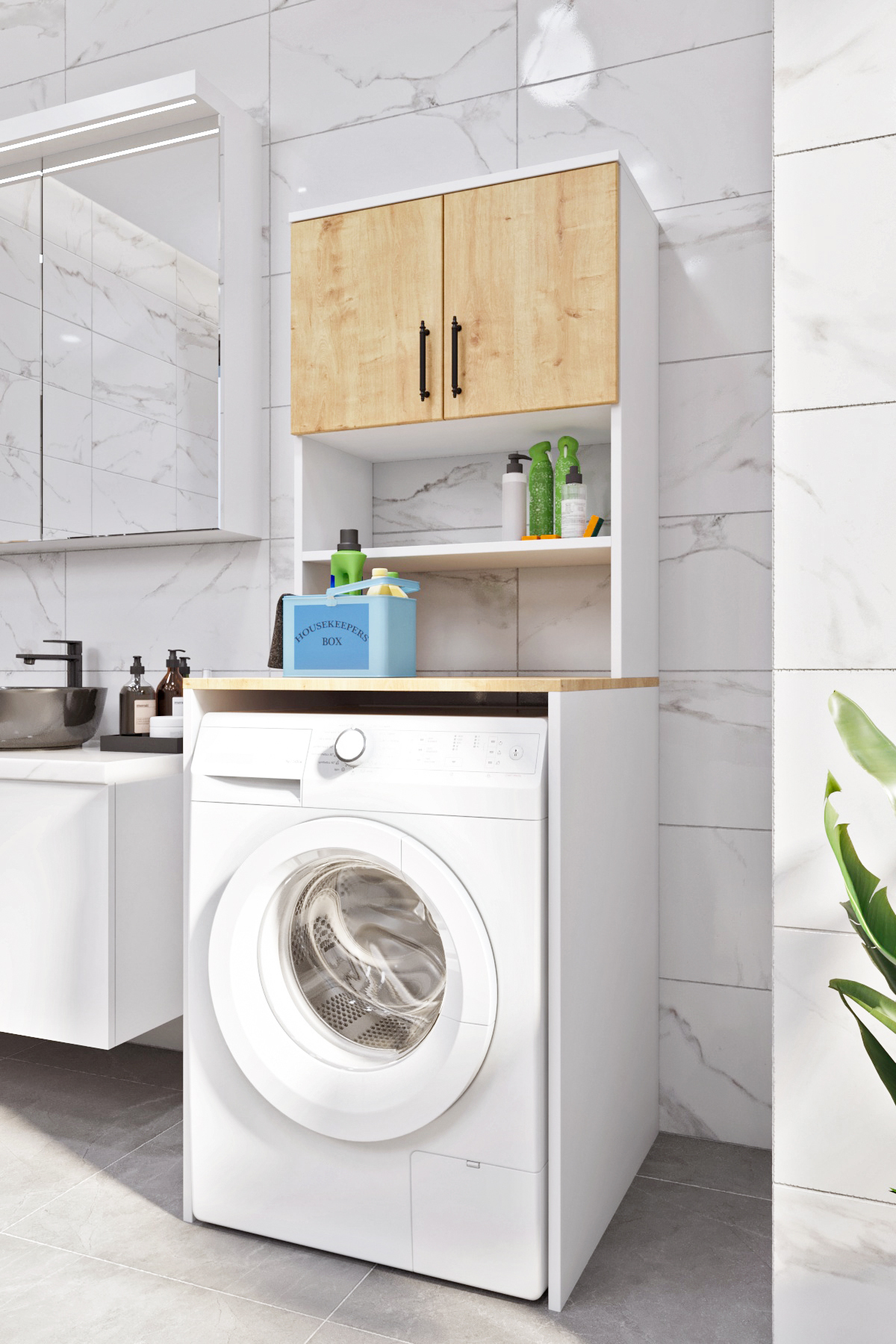 Esl0231 Çamaşır Makinesi Dolabı Banyo Dolabı Beyaz-Safir Meşe