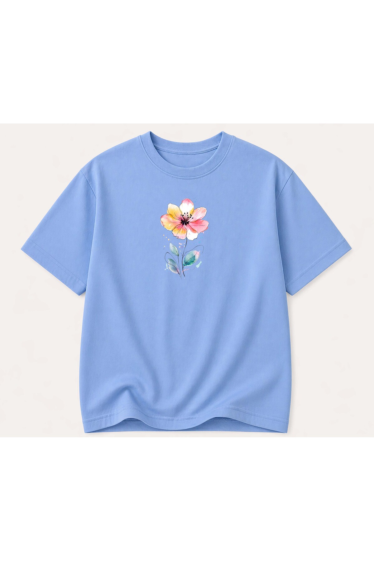 Women's Crew Neck Cotton T-Shirt with Colorful Flower Print Detail